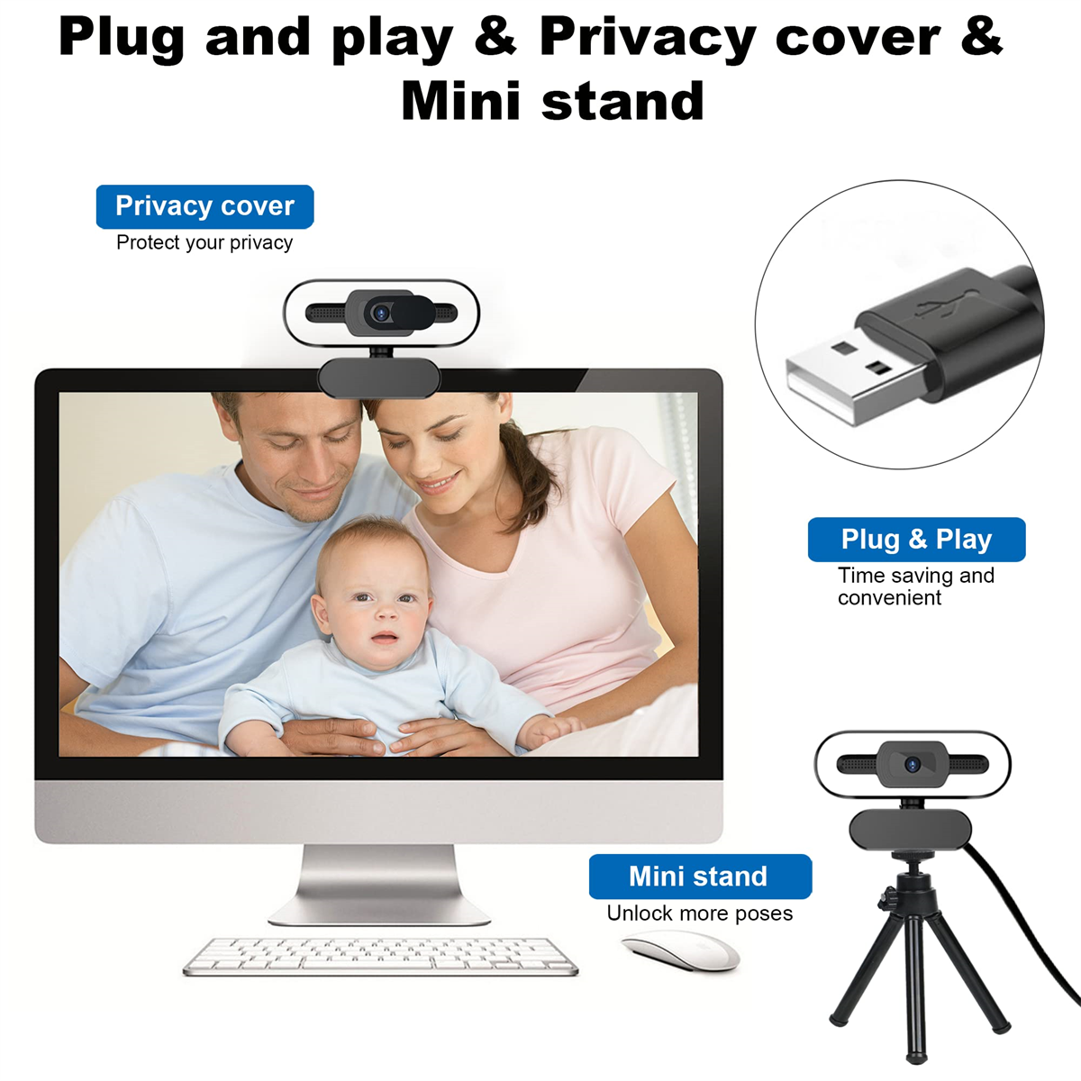 Webcam über Monitor, Familie auf dem Bildschirm und Mini-Ständer mit Maus.