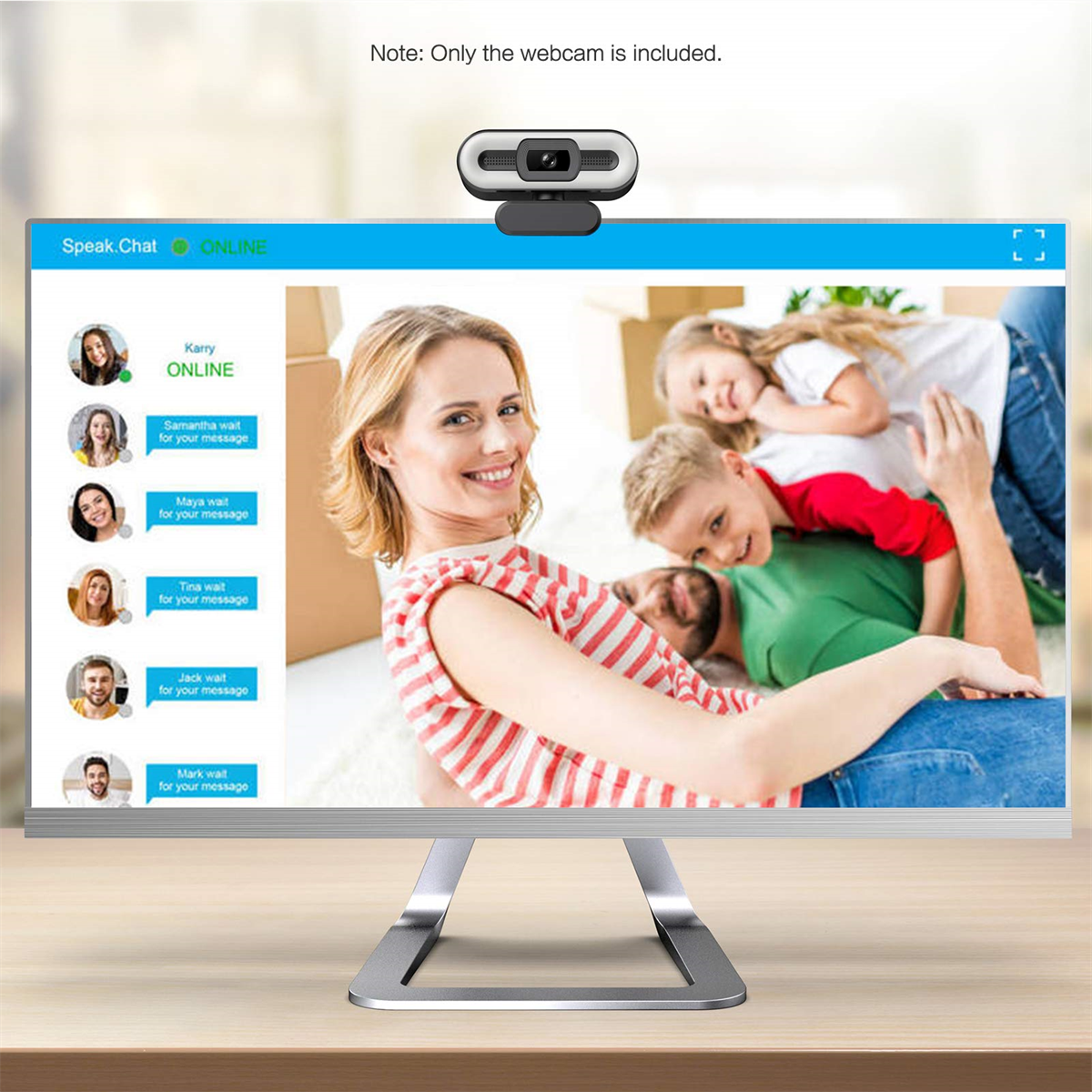Webcam oben auf einem Monitor. Familie auf dem Bildschirm. Hinweis: Nur Webcam enthalten.