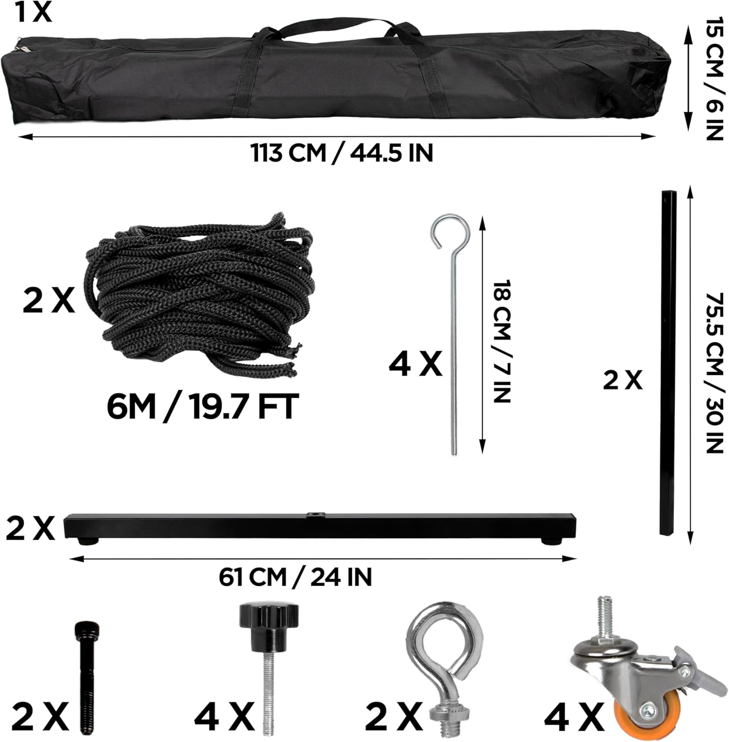 Ein Set Ausrüstung für ein Fotostudio. Enthält eine Tragetasche, Seile, Ständer, Schrauben und Räder.