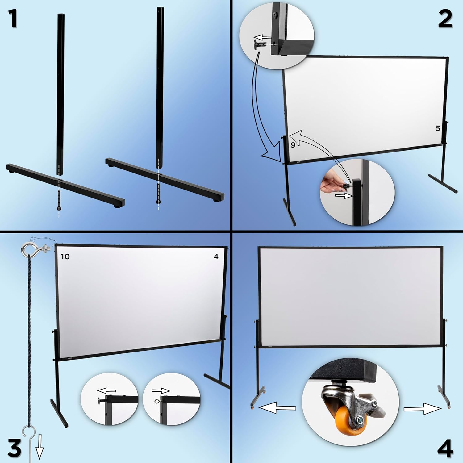 Schritte der Montage einer Whiteboards. Illustrierte Diagramme zeigen Teile und Schritte.