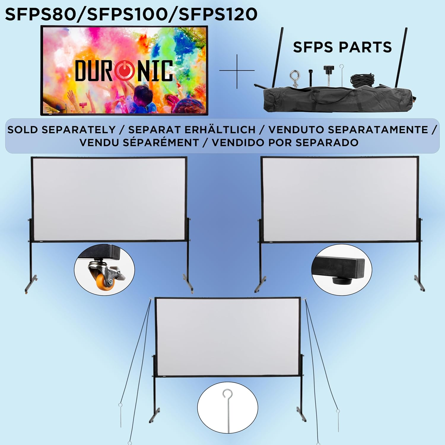 Weiße Projektionswände mit schwarzen Ständern, der Text SFPS PARTS und etwas Zubehör.