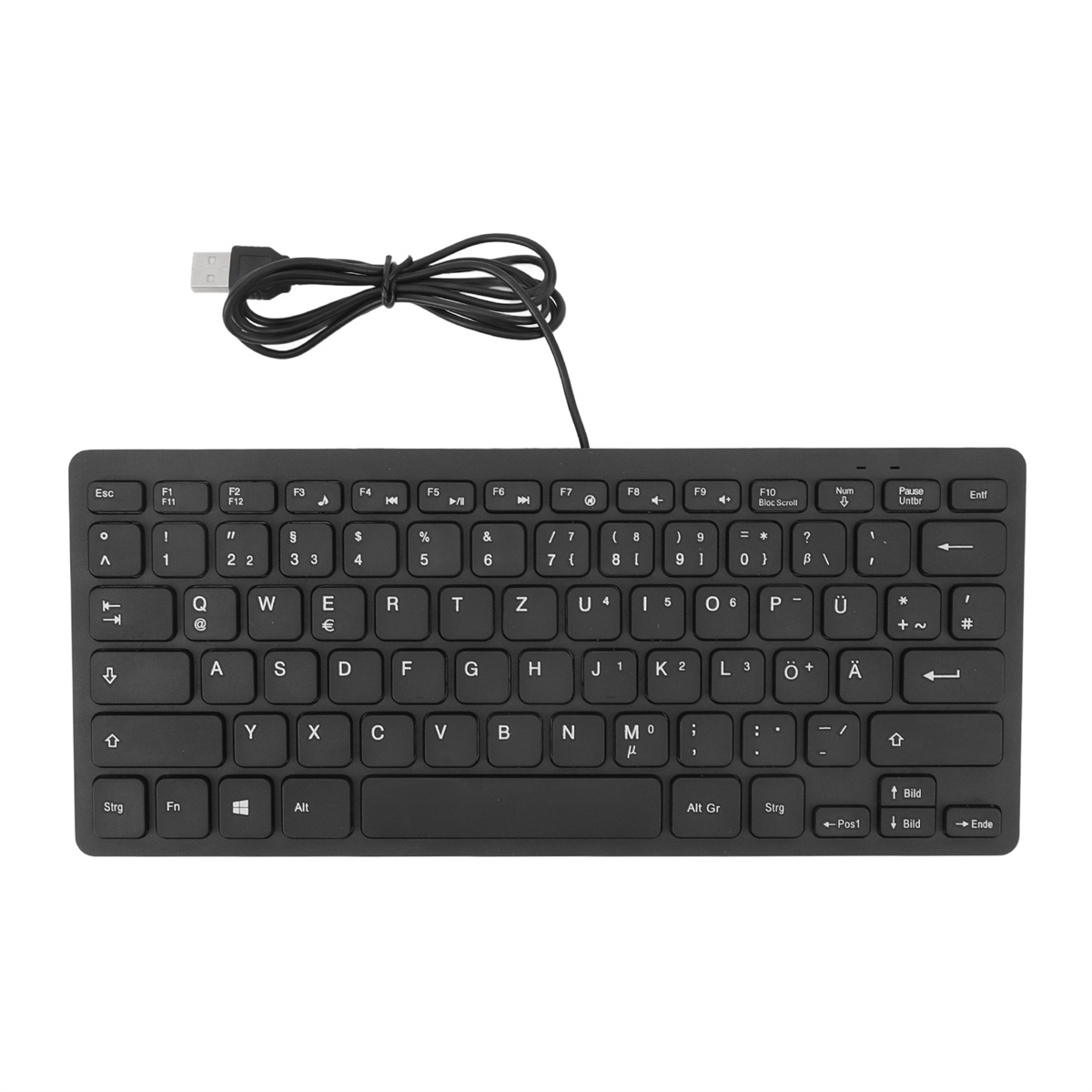 Schwarze Tastatur mit weißen Buchstaben und Symbolen. Sie hat einen USB-Anschluss.