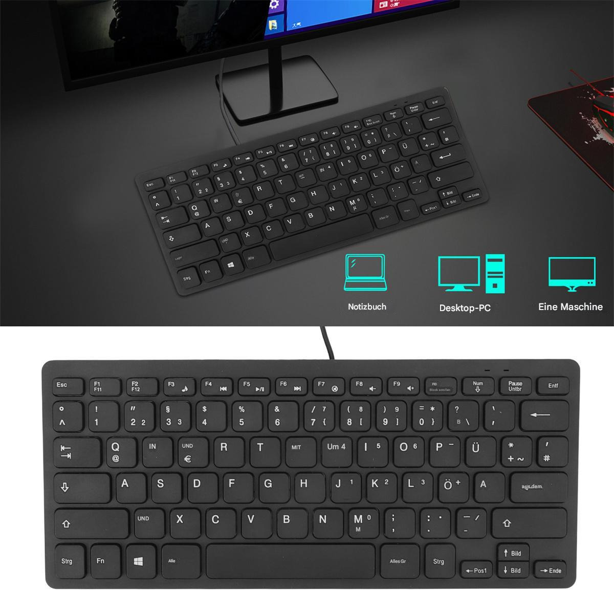 Schwarze Tastatur mit weißen Tasten und Symbolen für Notizbuch, Desktop und Maschine.