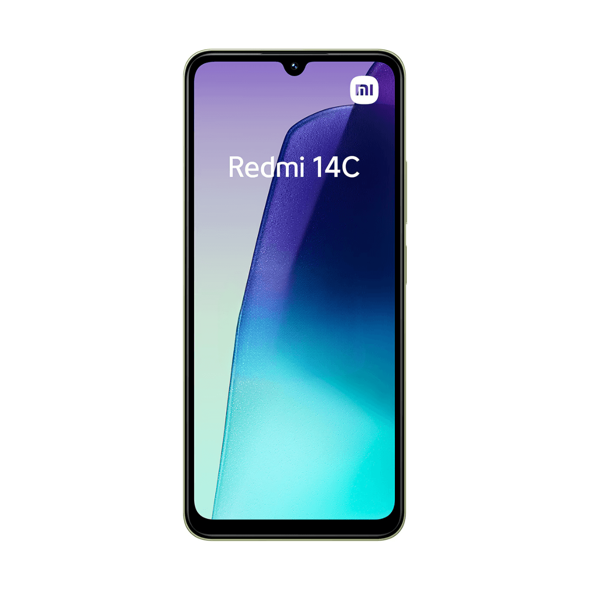 Smartfon Redmi 14C z fioletowo-zielonym gradientem na ekranie. Logo znajduje się w prawym górnym rogu.
