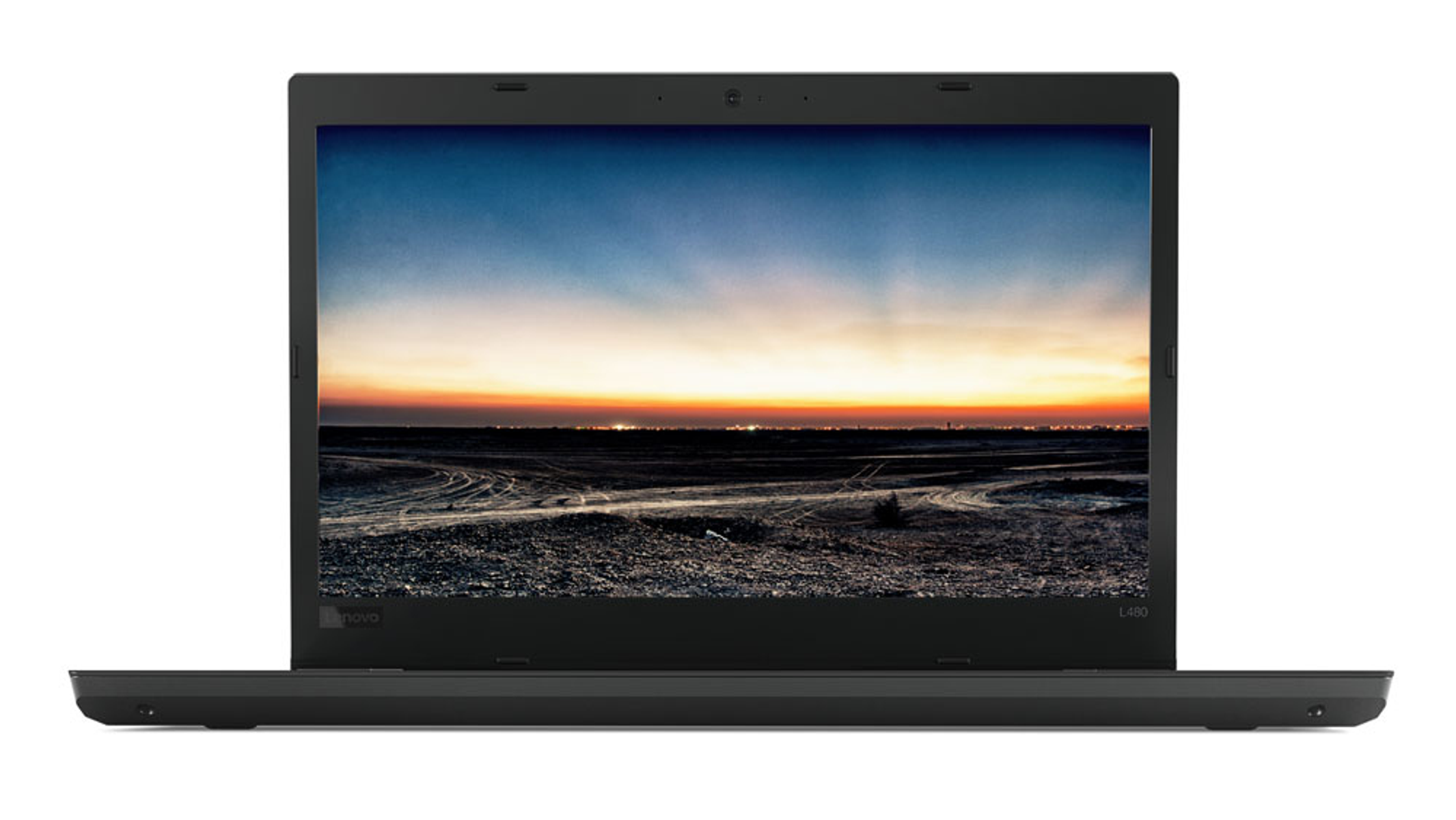 Schwarzer Laptop mit einem Bildschirm, der eine Landschaft zeigt.