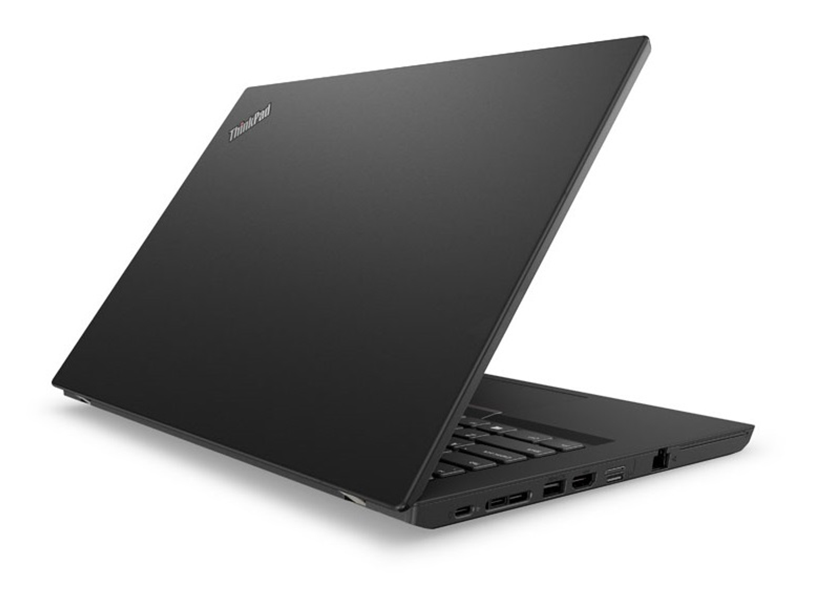 Schwarzer Laptop-Computer, der in einem Winkel geöffnet ist. Das ThinkPad-Logo ist sichtbar. Die Rückseite des Bildschirms ist sichtbar.