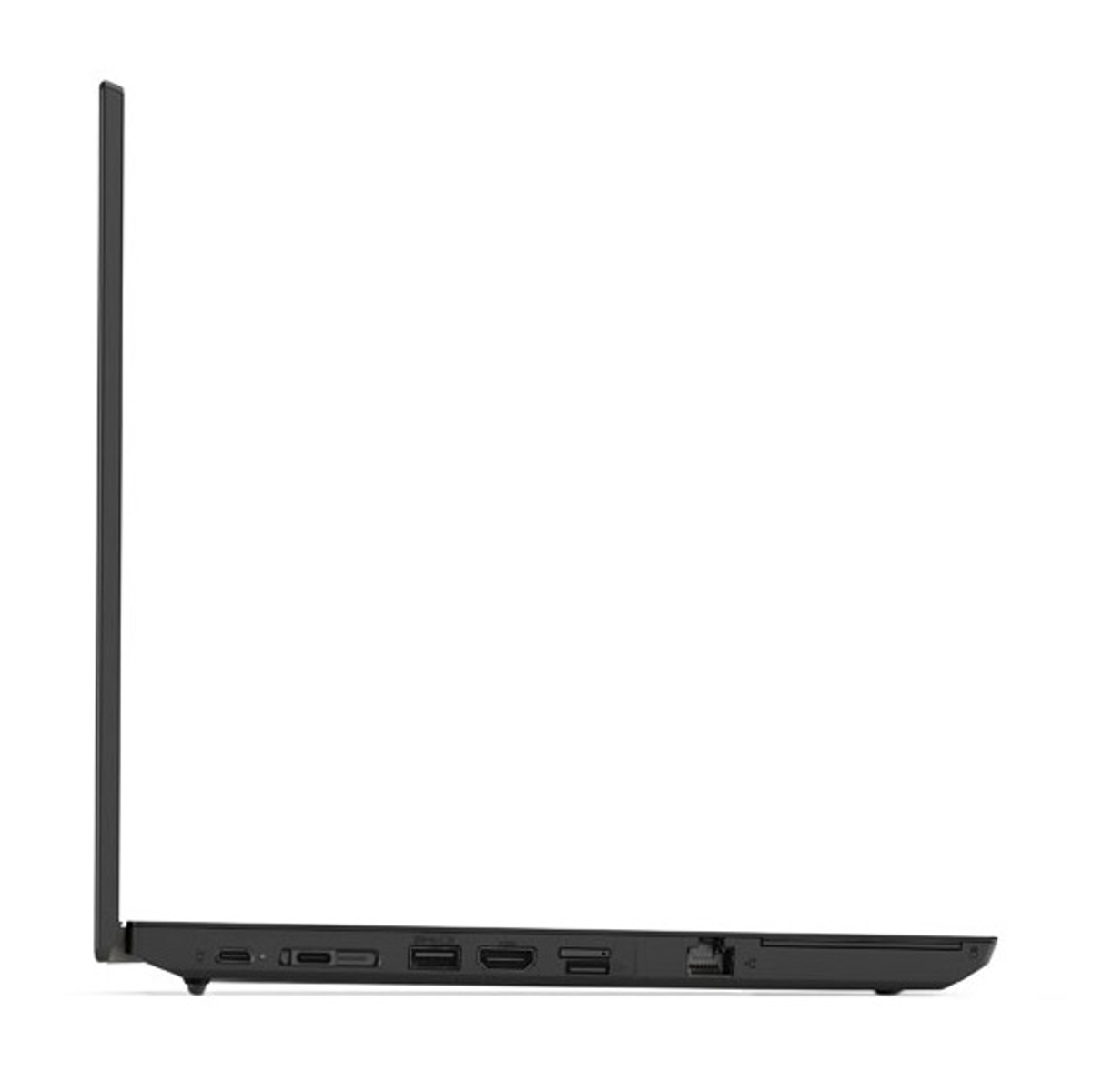Schwarzer Laptop Seitenansicht auf weißer Oberfläche.