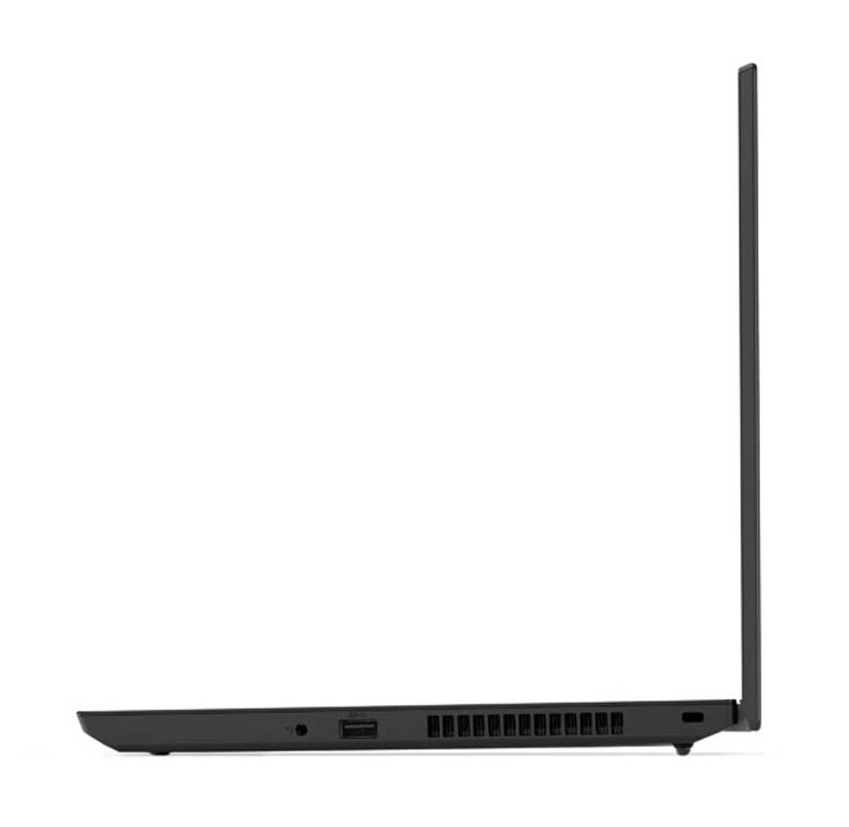 Ein schwarzer Laptop, Seitenansicht, geschlossen. Der Laptop steht vor weißem Hintergrund. Lenovo ist die Marke.