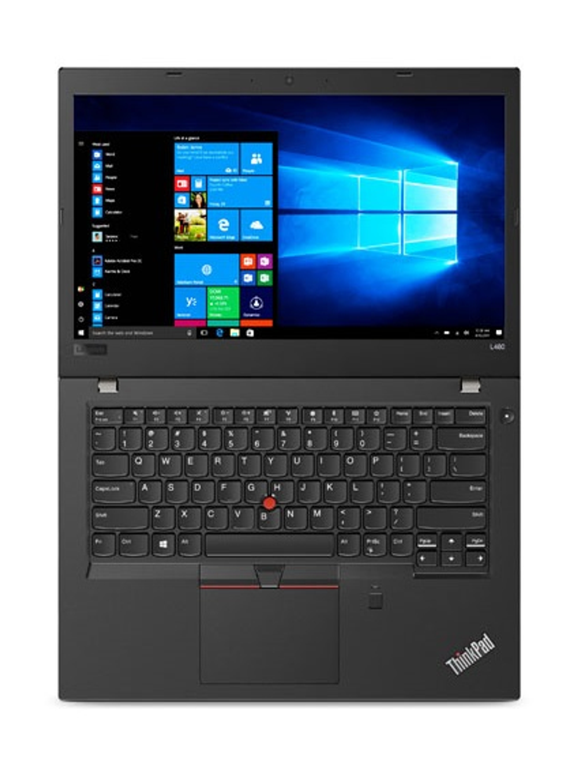 Schwarzes Lenovo ThinkPad L480 Laptop, offen, zeigt Tastatur, Touchpad und Bildschirm mit Windows Desktop.