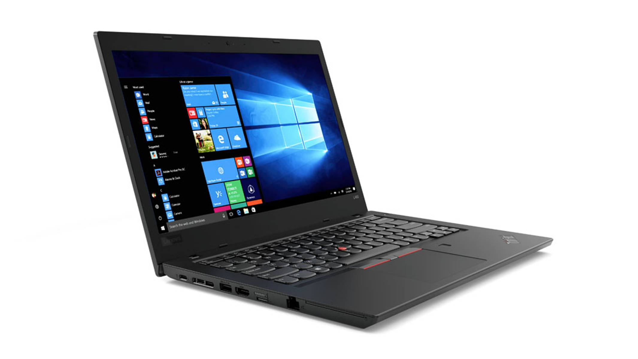 Schwarzer Lenovo Laptop, leicht geöffnet, auf weißer Oberfläche. Der Bildschirm zeigt Windows.