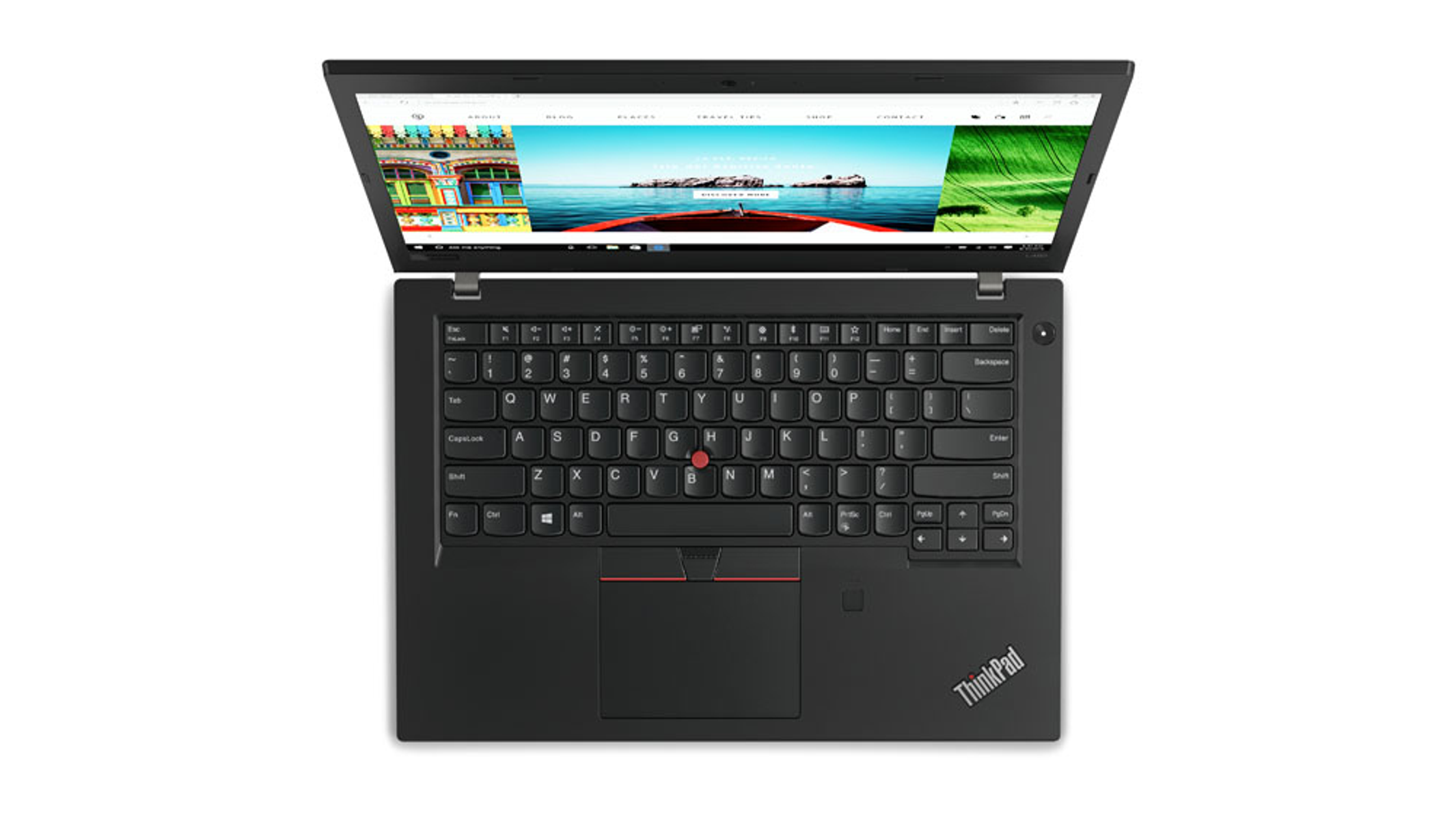 Ein schwarzer Laptop-Computer ist geöffnet und zeigt eine Website auf dem Bildschirm. Die Tastatur ist sichtbar.