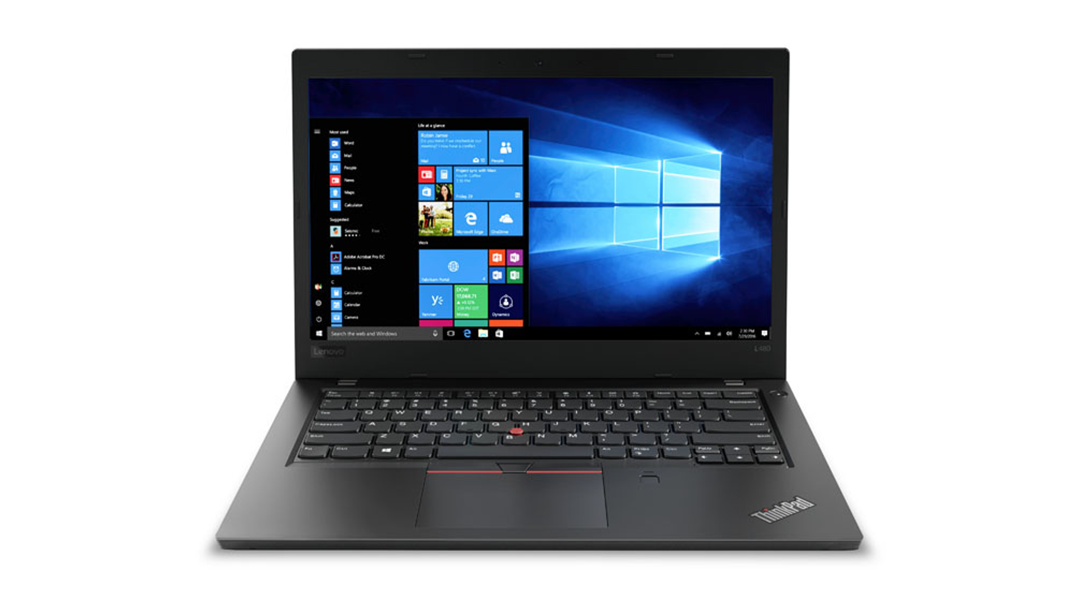 Ein Laptop mit geöffnetem Bildschirm, der einen Windows-Desktop zeigt. Er befindet sich auf weißem Hintergrund.