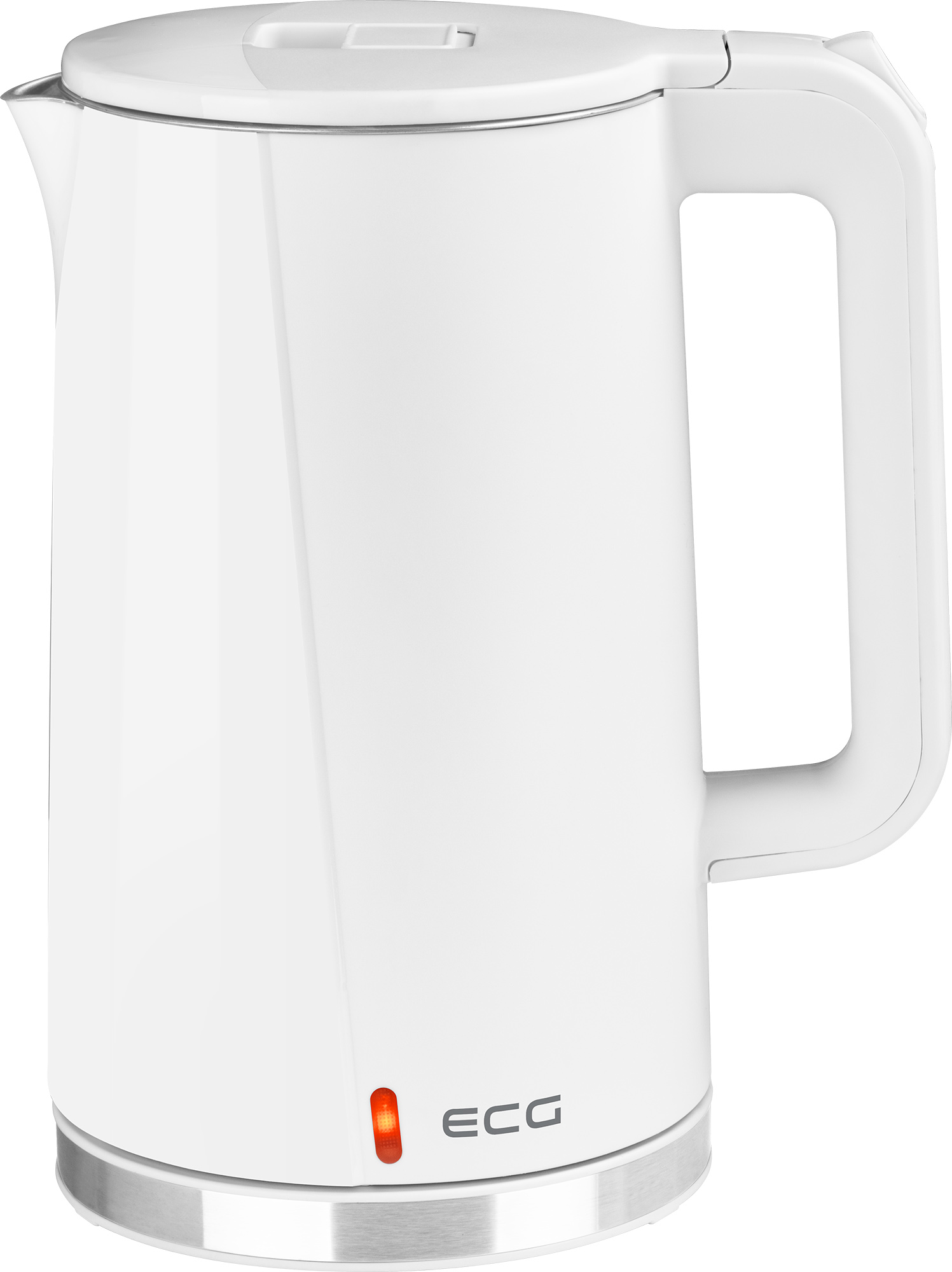 Un bollitore elettrico bianco con manico e luce rossa.