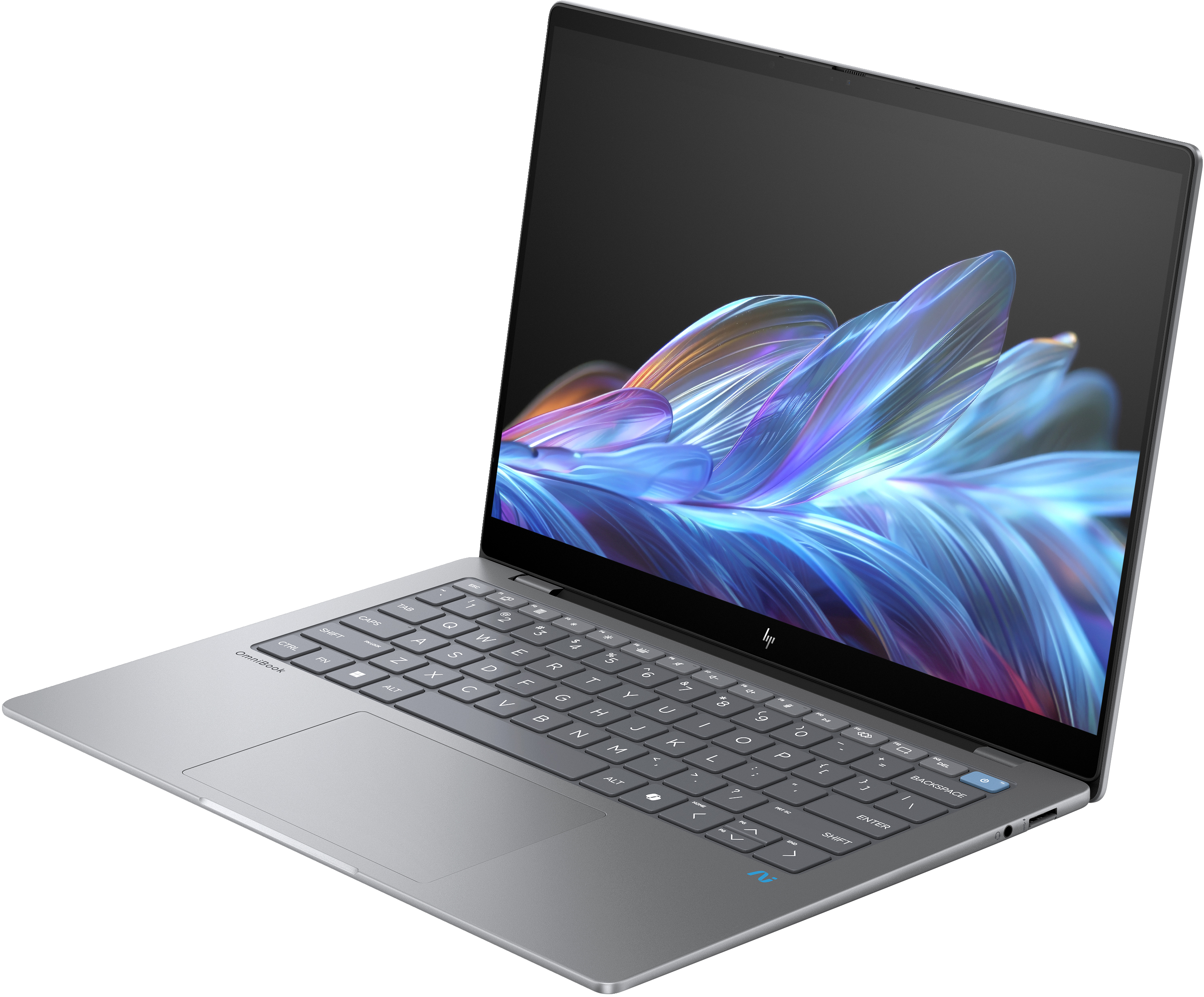 Una laptop plateada con una pantalla negra que muestra formas abstractas coloridas, sobre un fondo blanco.