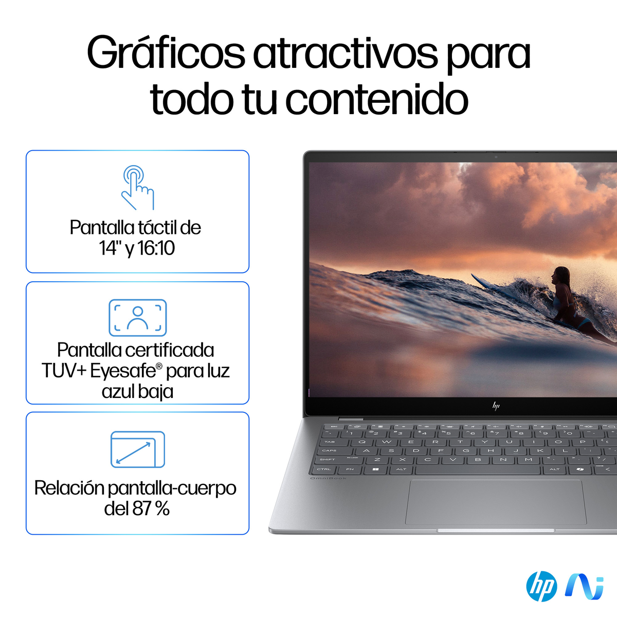 Una computadora portátil está abierta. La pantalla muestra una escena de playa y el texto explica las funciones.