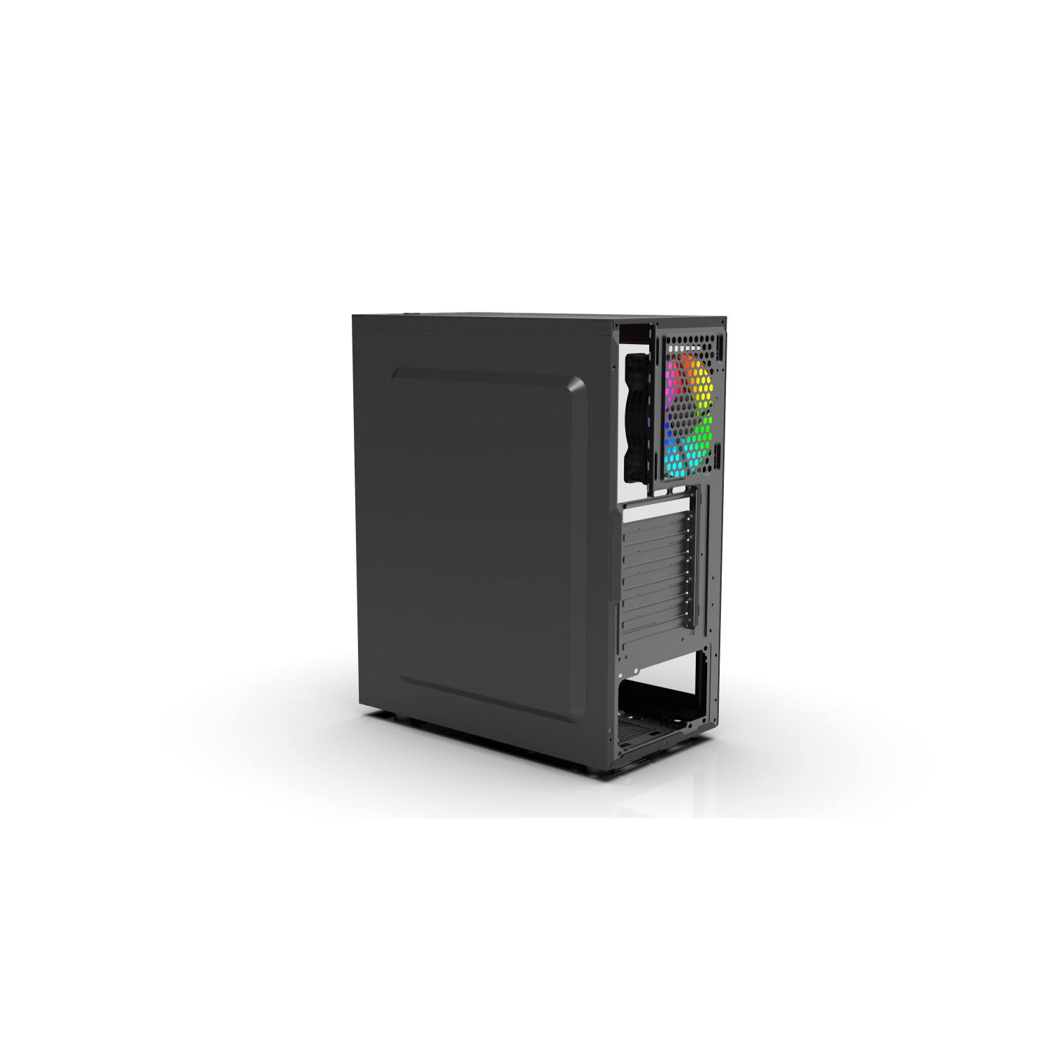 Ein schwarzes Computergehäuse mit transparentem Seitenteil und einem farbenfrohen Lüfter innen.
