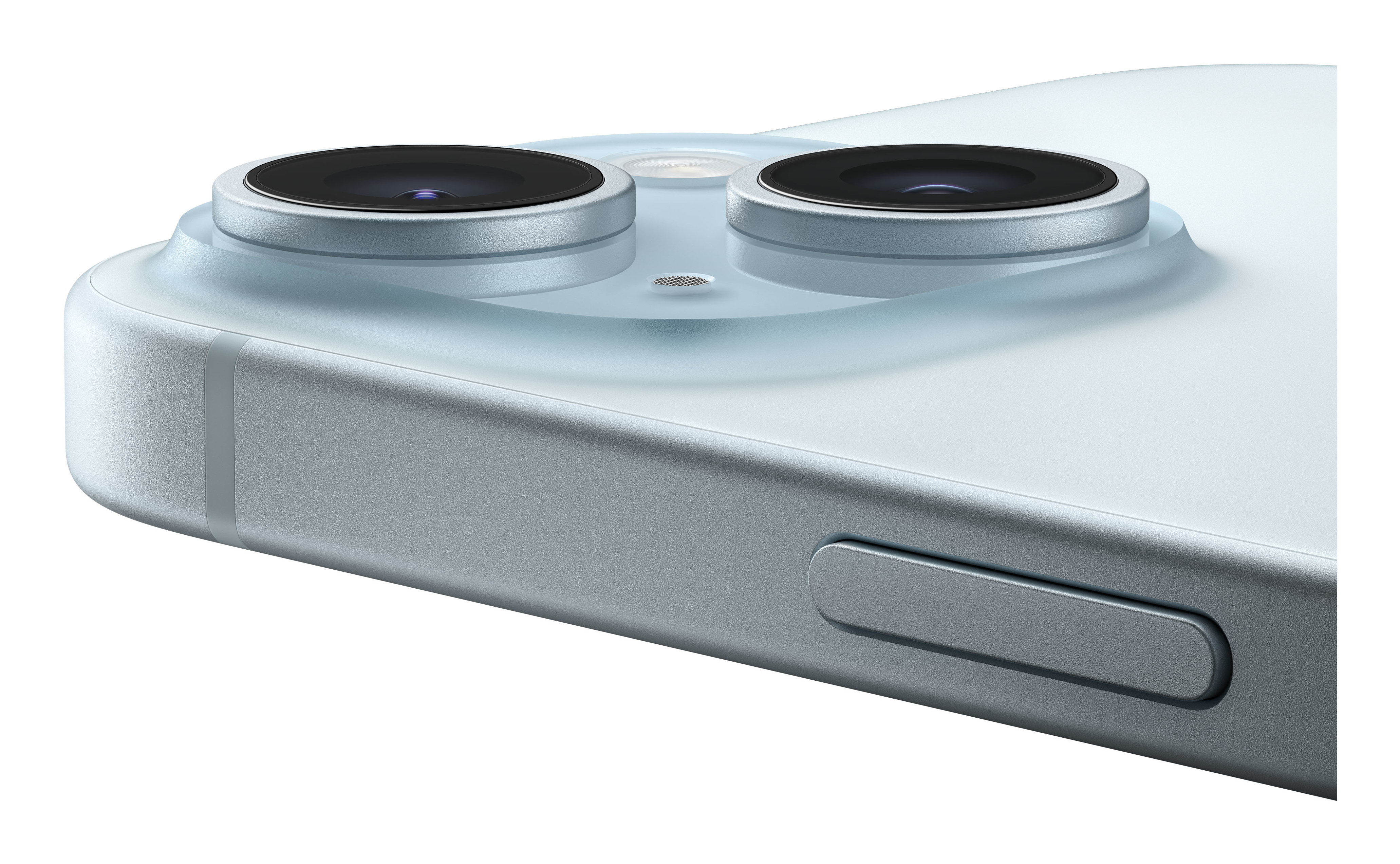 Zbliżenie jasnoniebieskiego telefonu z dwoma tylnymi aparatami. Krawędź jest srebrna.