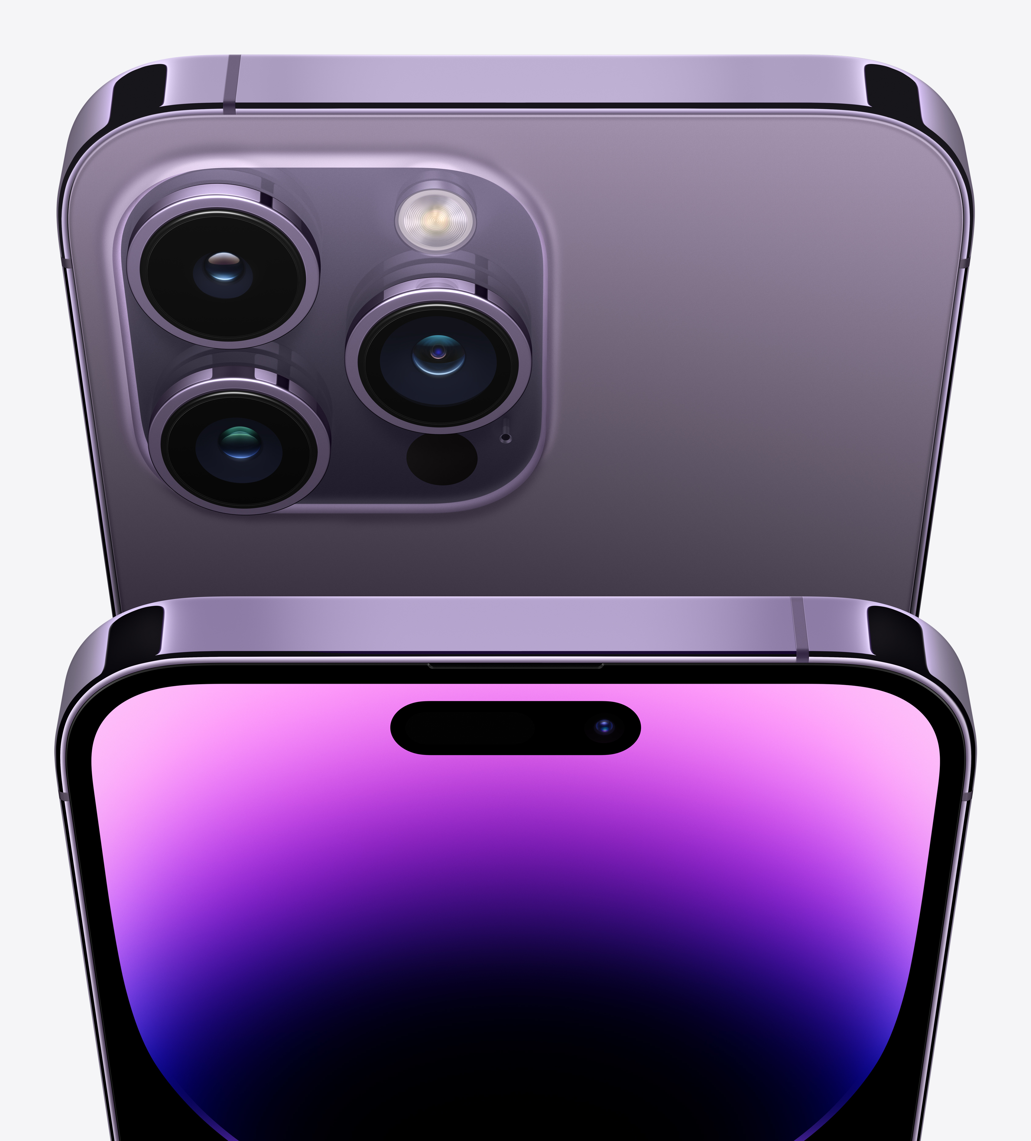 Zbliżenie fioletowego iPhone'a z potrójnym aparatem i przednim ekranem.