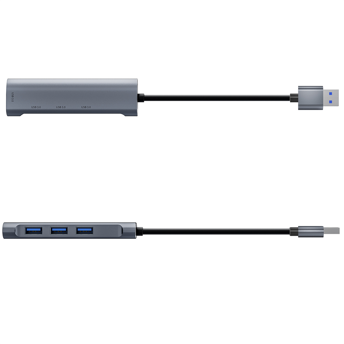 Ein grauer USB-Hub mit 3 USB-Anschlüssen und einem USB-C-Anschluss.