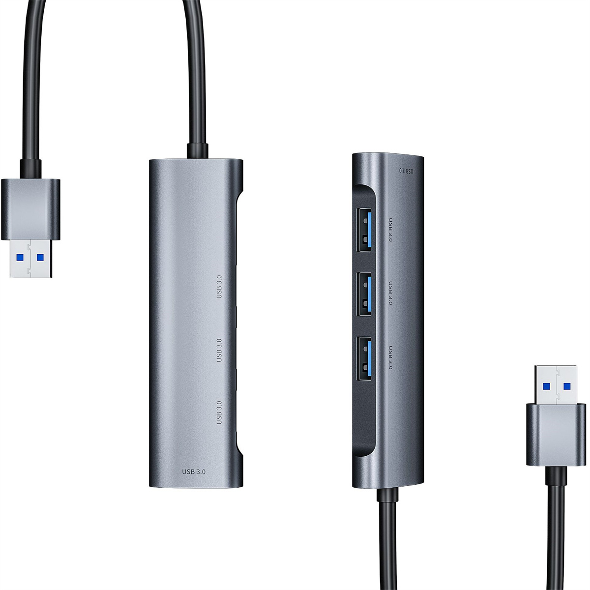 Grauer USB 3.0-Hub mit mehreren USB-Anschlüssen und einem USB-Anschluss. Schwarzes Kabel.