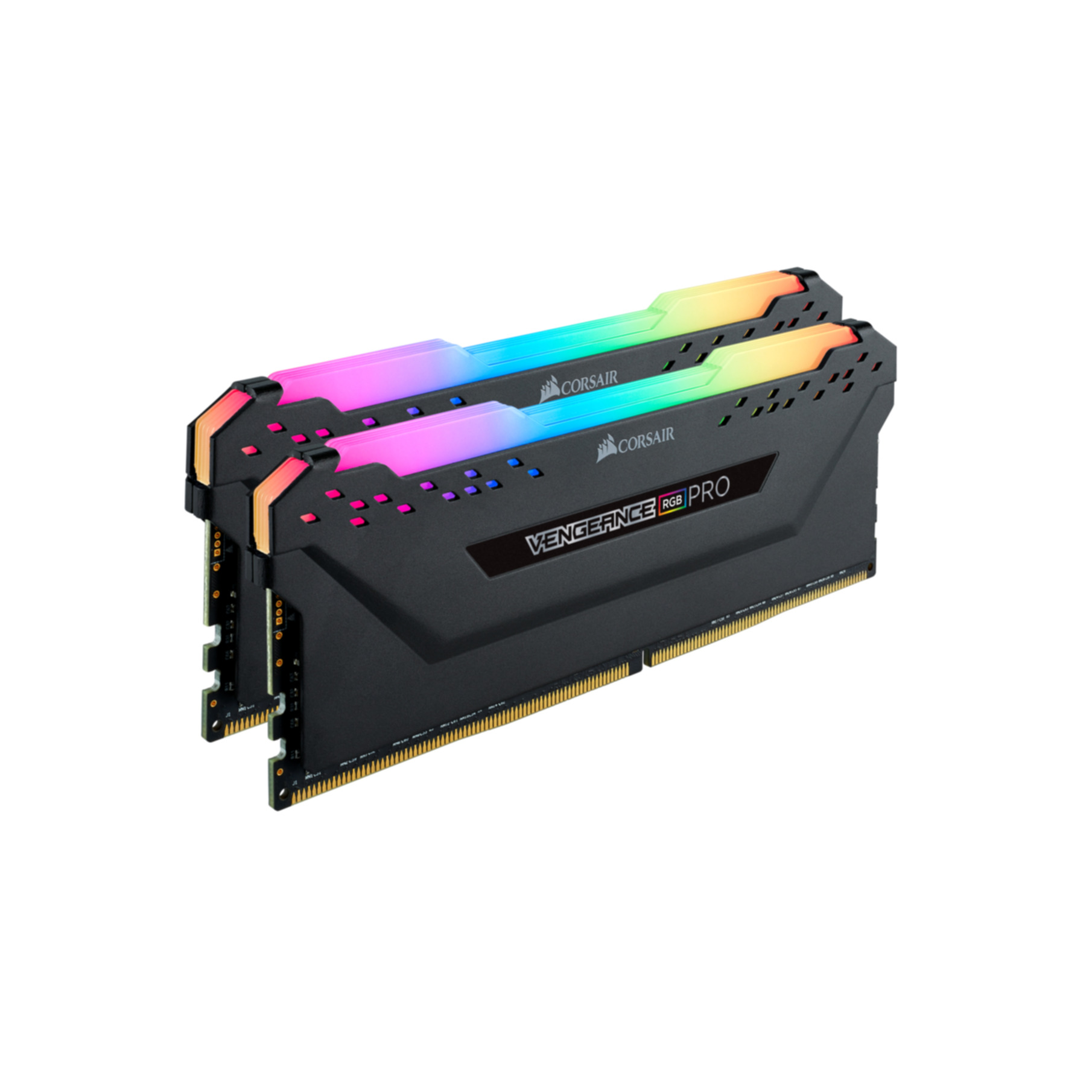 Zwei RAM-Module mit Corsair-Logo und RGB-Beleuchtung. Weißer Hintergrund.