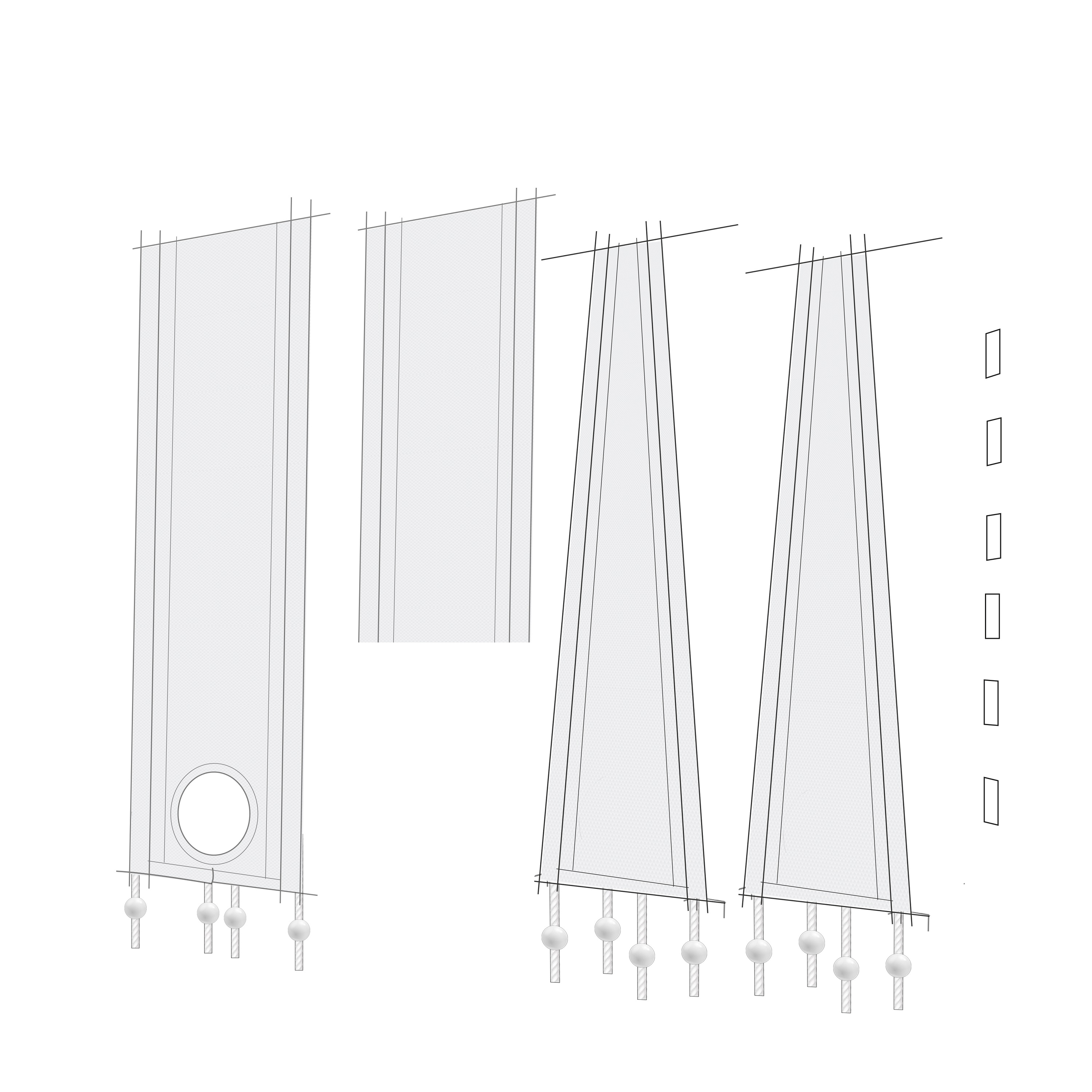 Strichzeichnung von Architekturplänen eines Fensters mit Paneelen und Befestigungselementen, auf weißem Hintergrund.