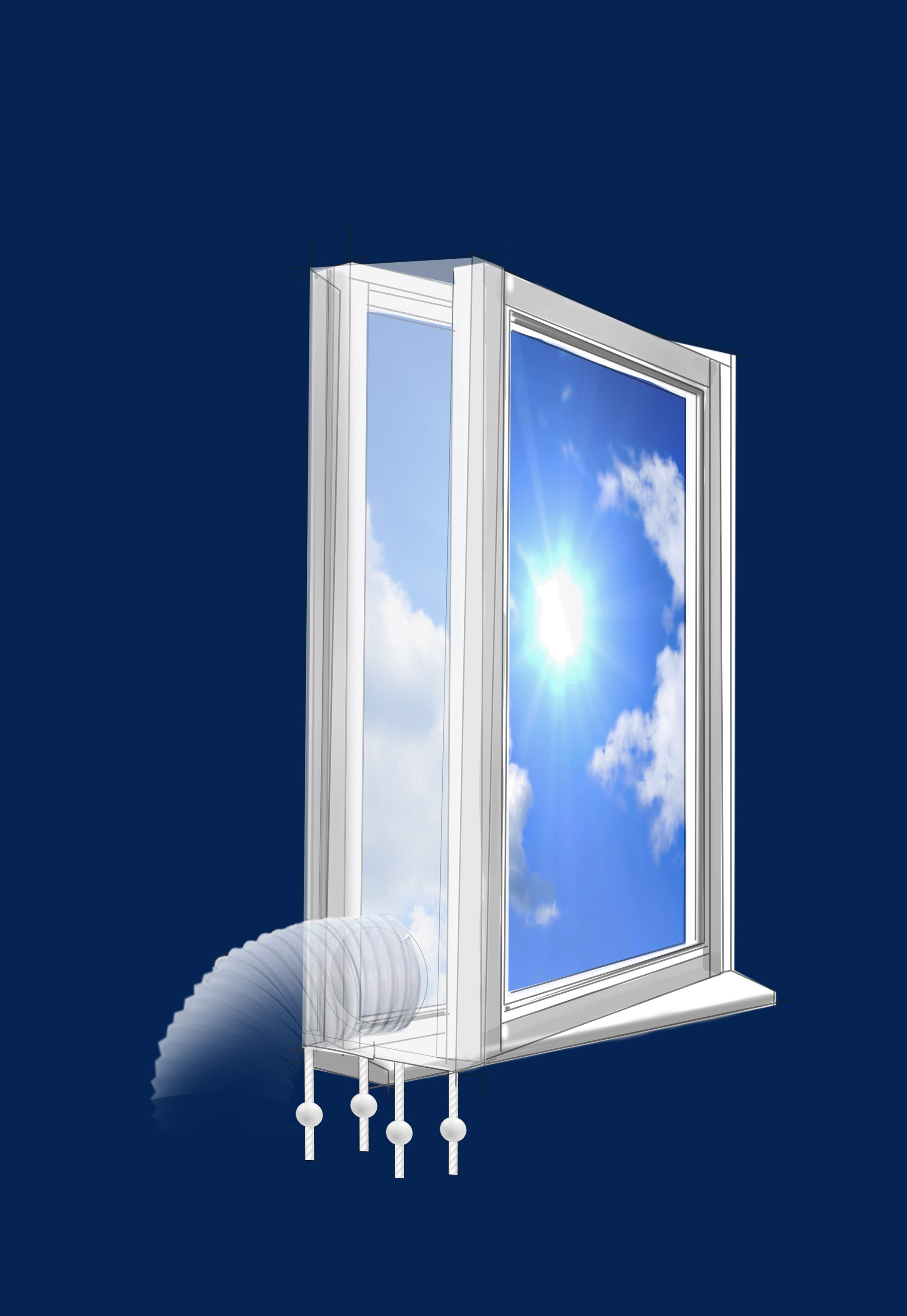 Ein Fenster mit Blick auf einen blauen Himmel und ein weißes architektonisches Design.