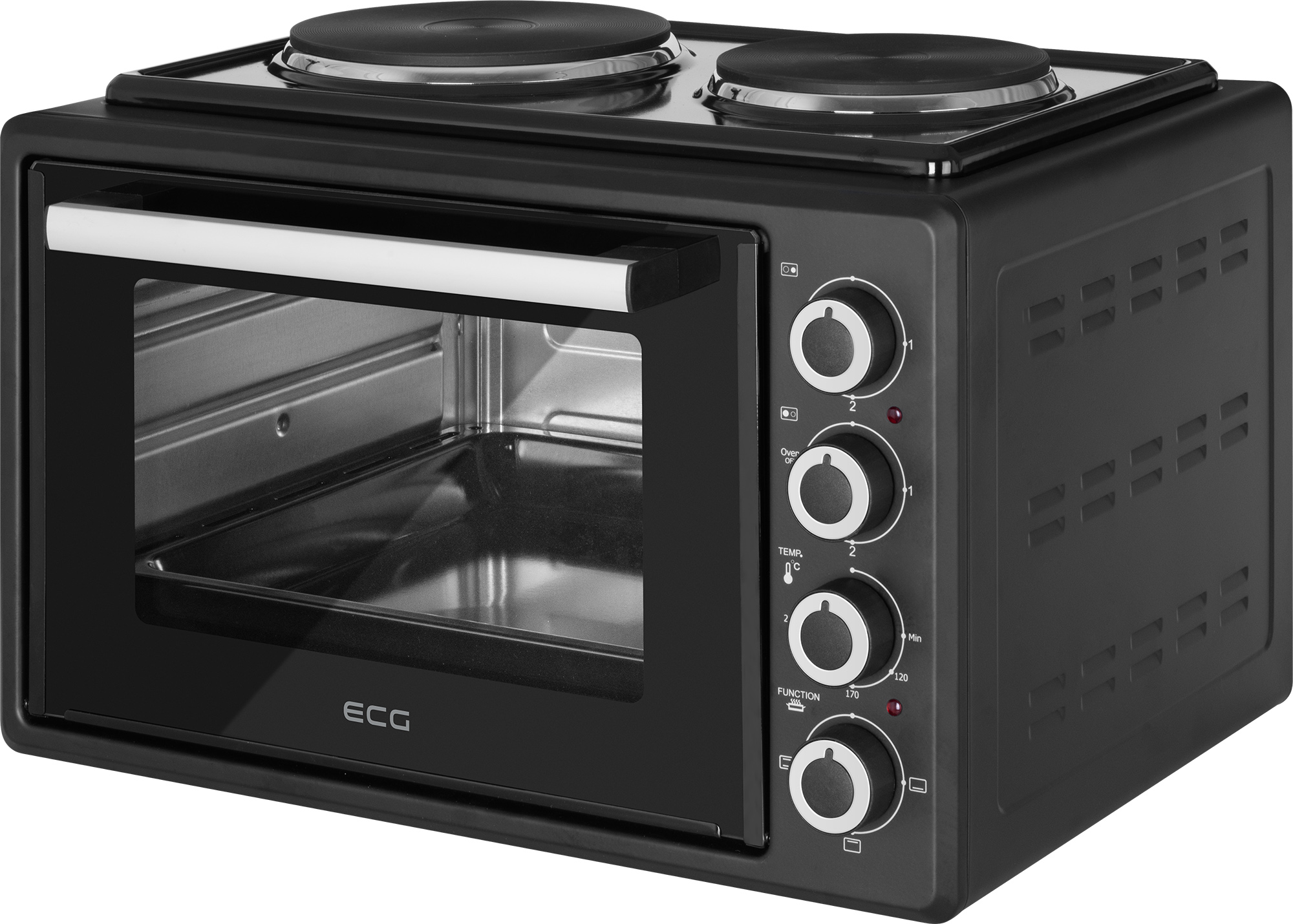 Ein schwarzer Tischbackofen mit zwei Kochfeldern oben, Bedienelementen und einer offenen Glastür.
