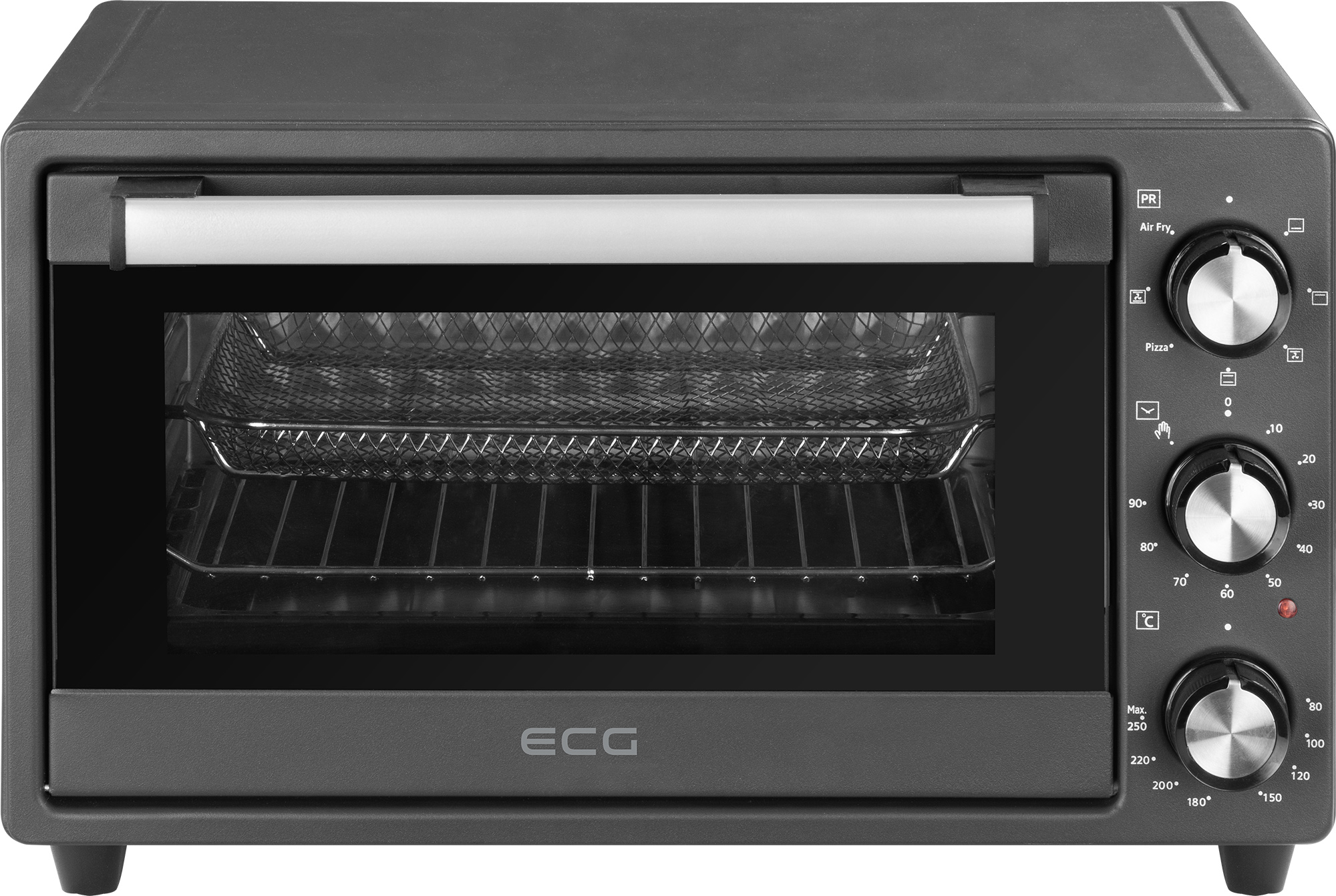 Schwarzer Toaster-Ofen mit Drehreglern und Tür.