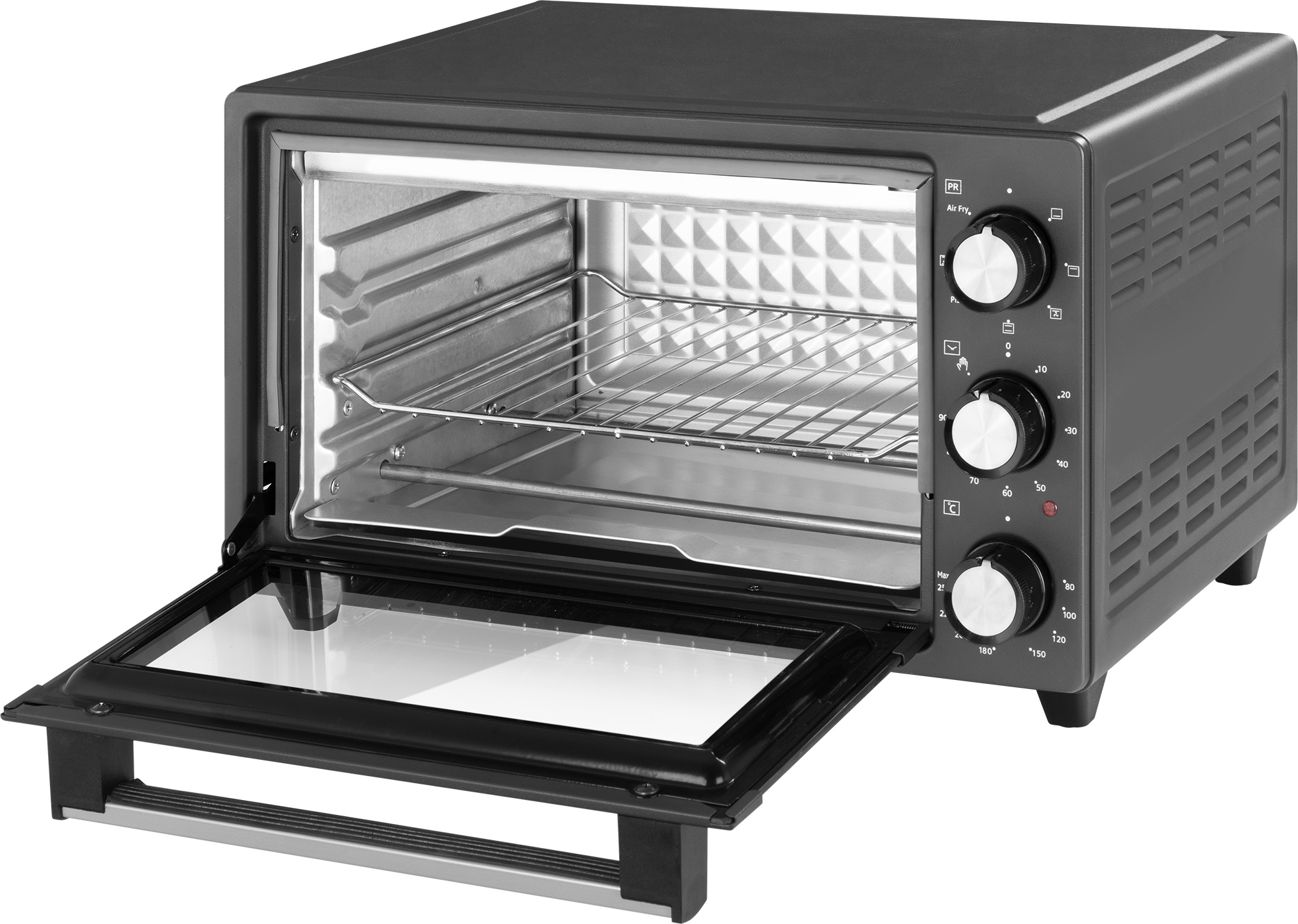 Schwarzer kleiner Ofen mit offener Tür, mit Knöpfen und einem Rost.