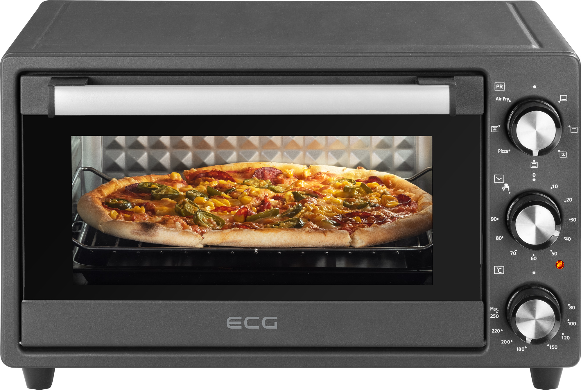 Schwarzer Ofen mit einer Pizza darin. Der Ofen hat ein Bedienfeld mit Drehreglern und Knöpfen.