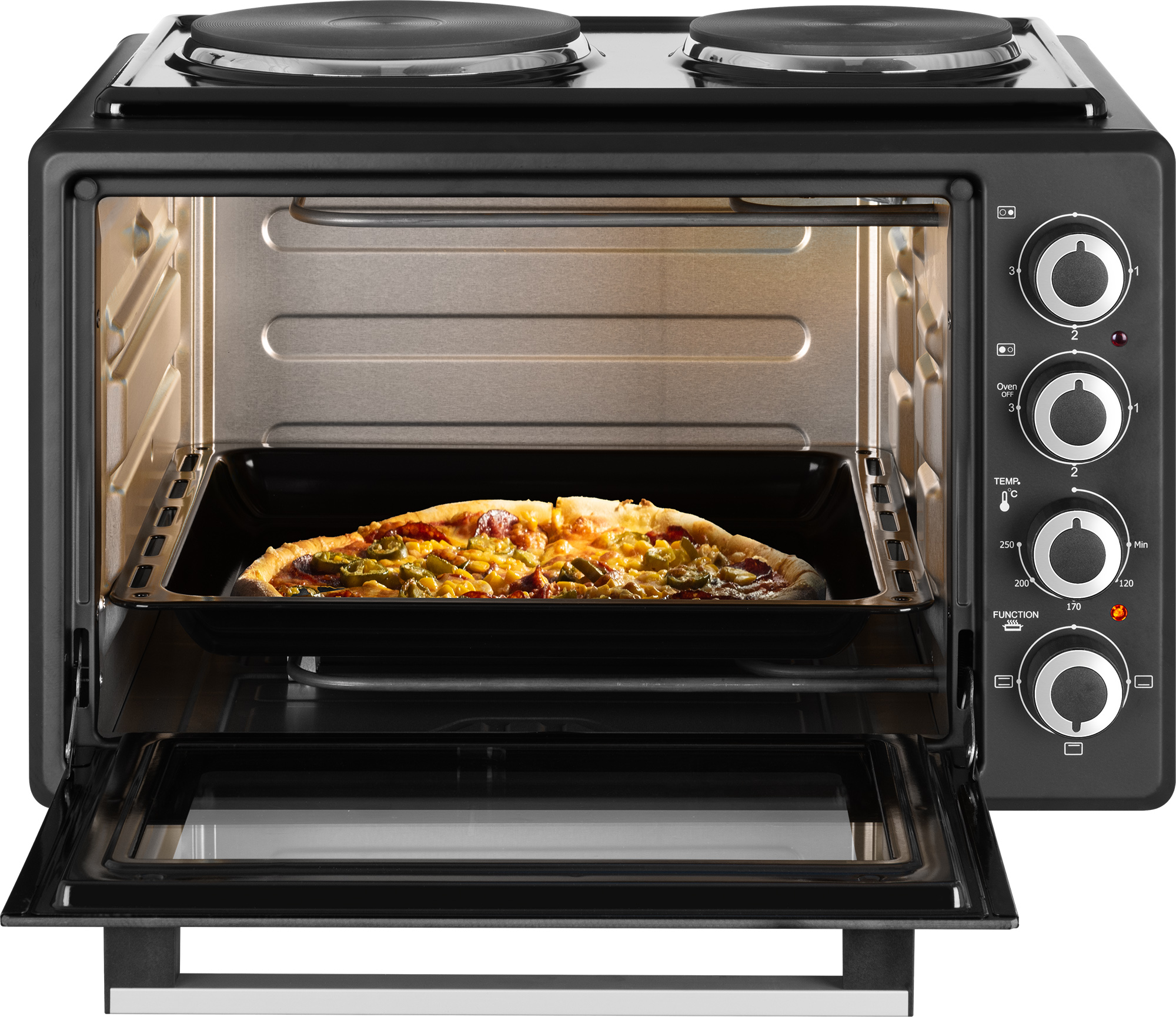 Ein schwarzer Ofen mit einer Pizza darin, die Tür ist geöffnet, zwei Brenner oben.