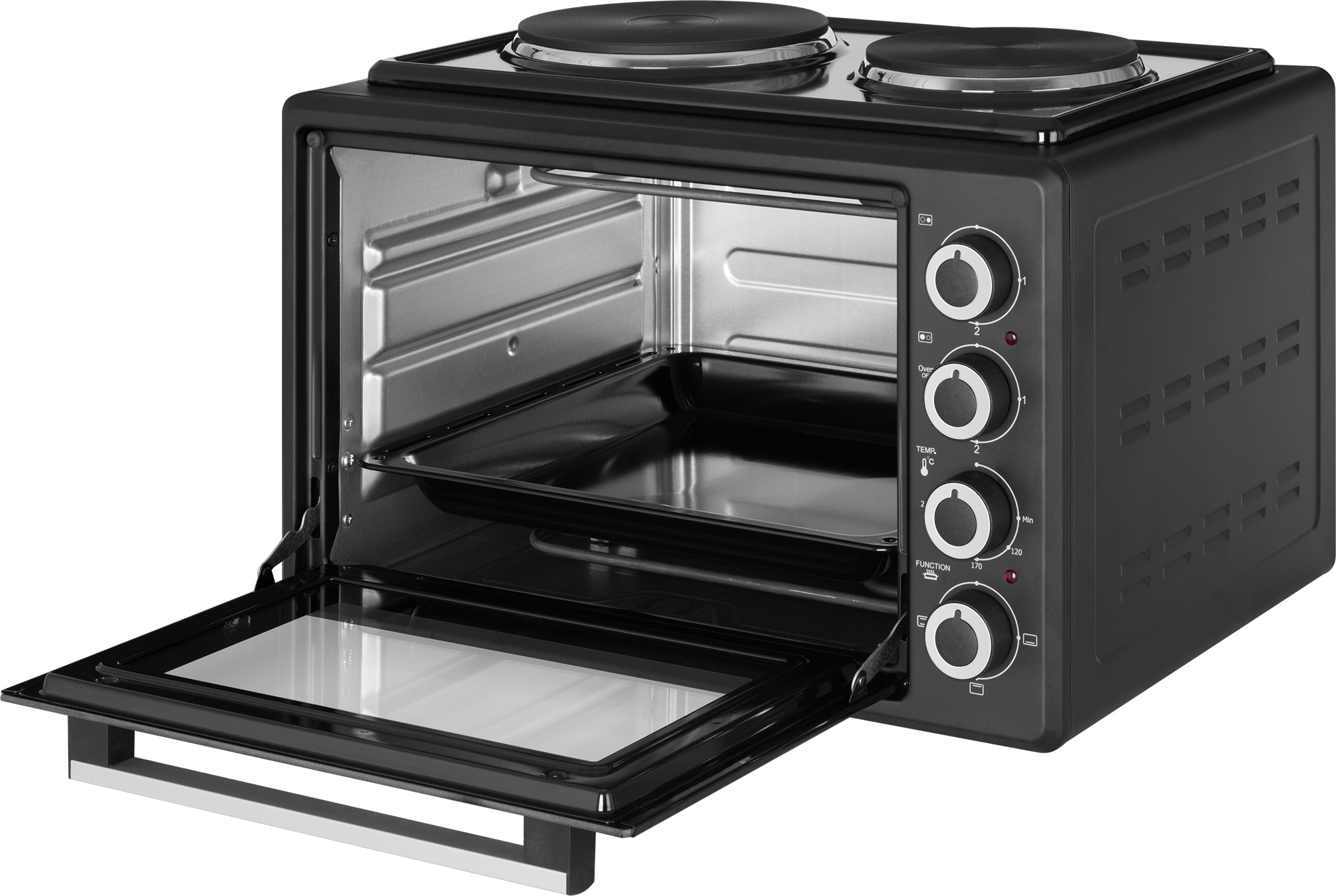 Ein schwarzer Mini-Backofen mit offener Tür. Oben befinden sich zwei Kochplatten.