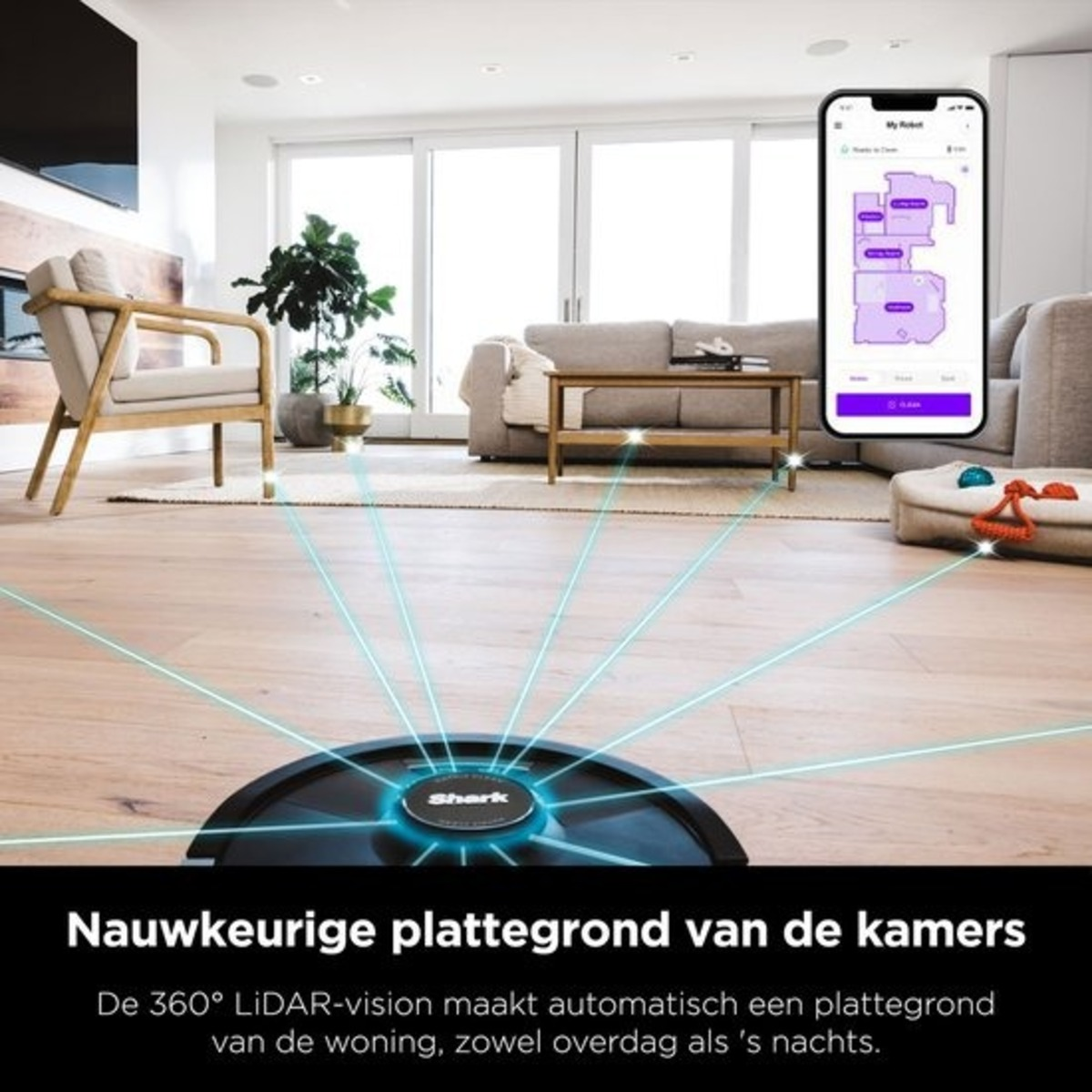 Robot vacuum cleaner mapping a room, showing furniture and a phone display.