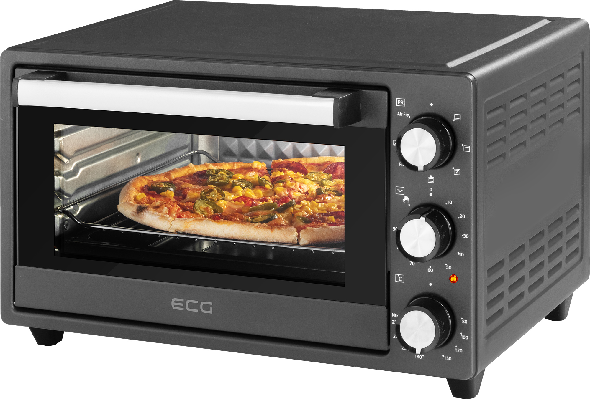 Schwarzer Ofen mit Pizza darin. Der Ofen hat Bedienelemente und eine Glastür.