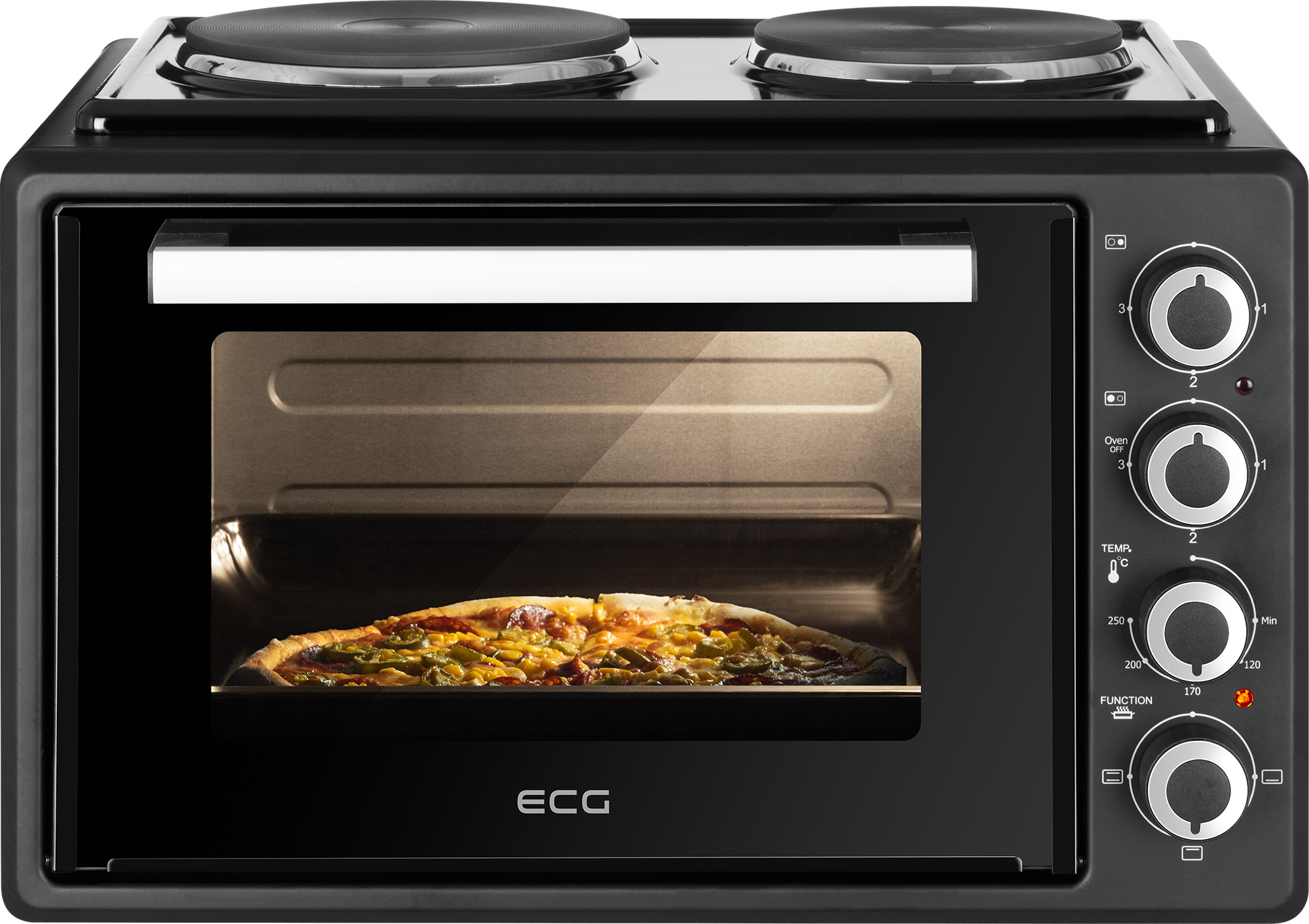 Schwarzer elektrischer Mini-Backofen mit Pizza darin und Bedienknöpfen an der Seite.
