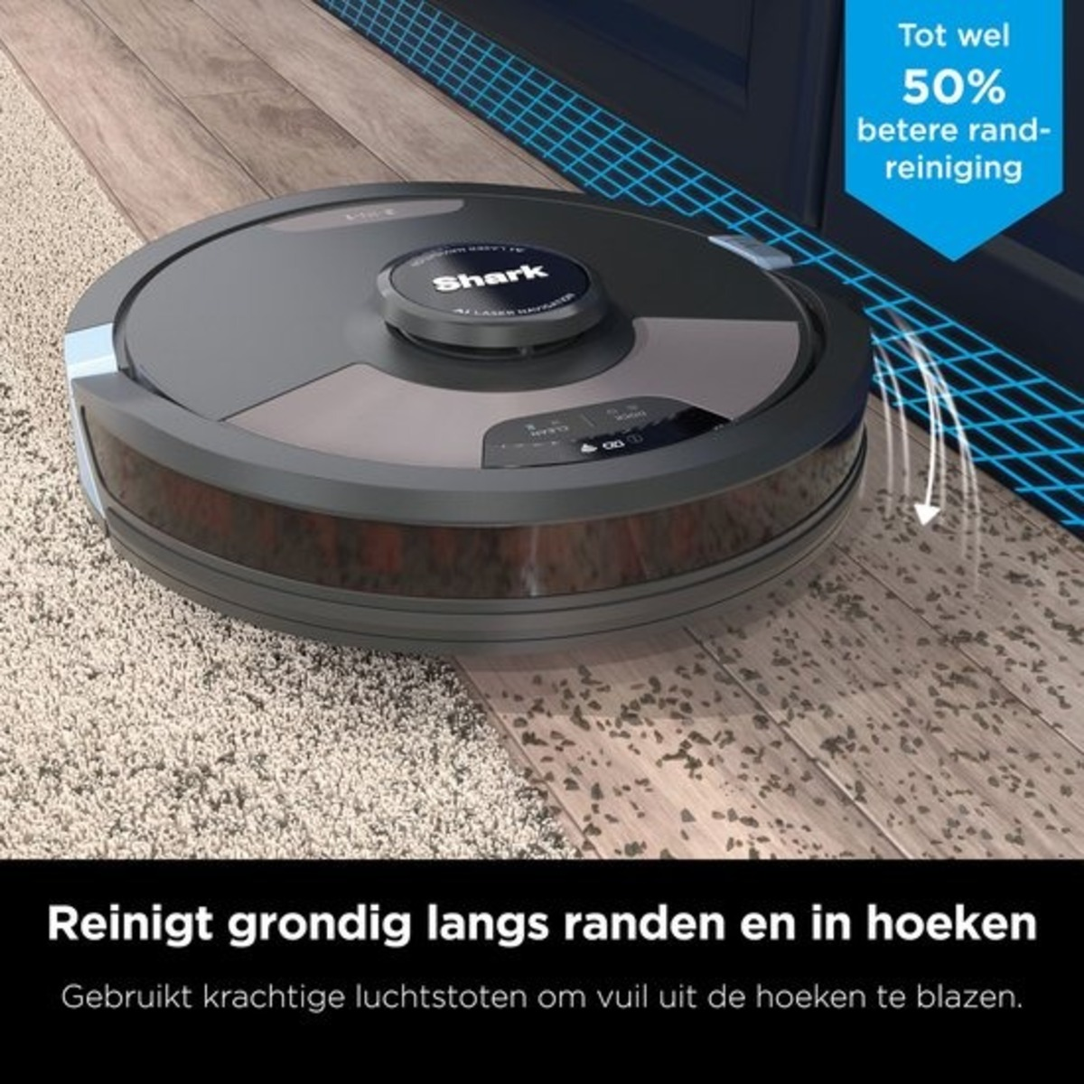 A robotic vacuum cleaner on a patterned rug near a door, with text overlay.