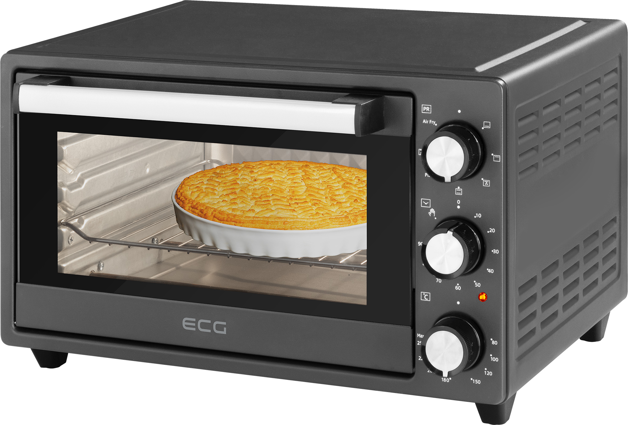Schwarzer Ofen mit Kuchen, eingestellt auf 180 Grad, mit ECG-Logo.