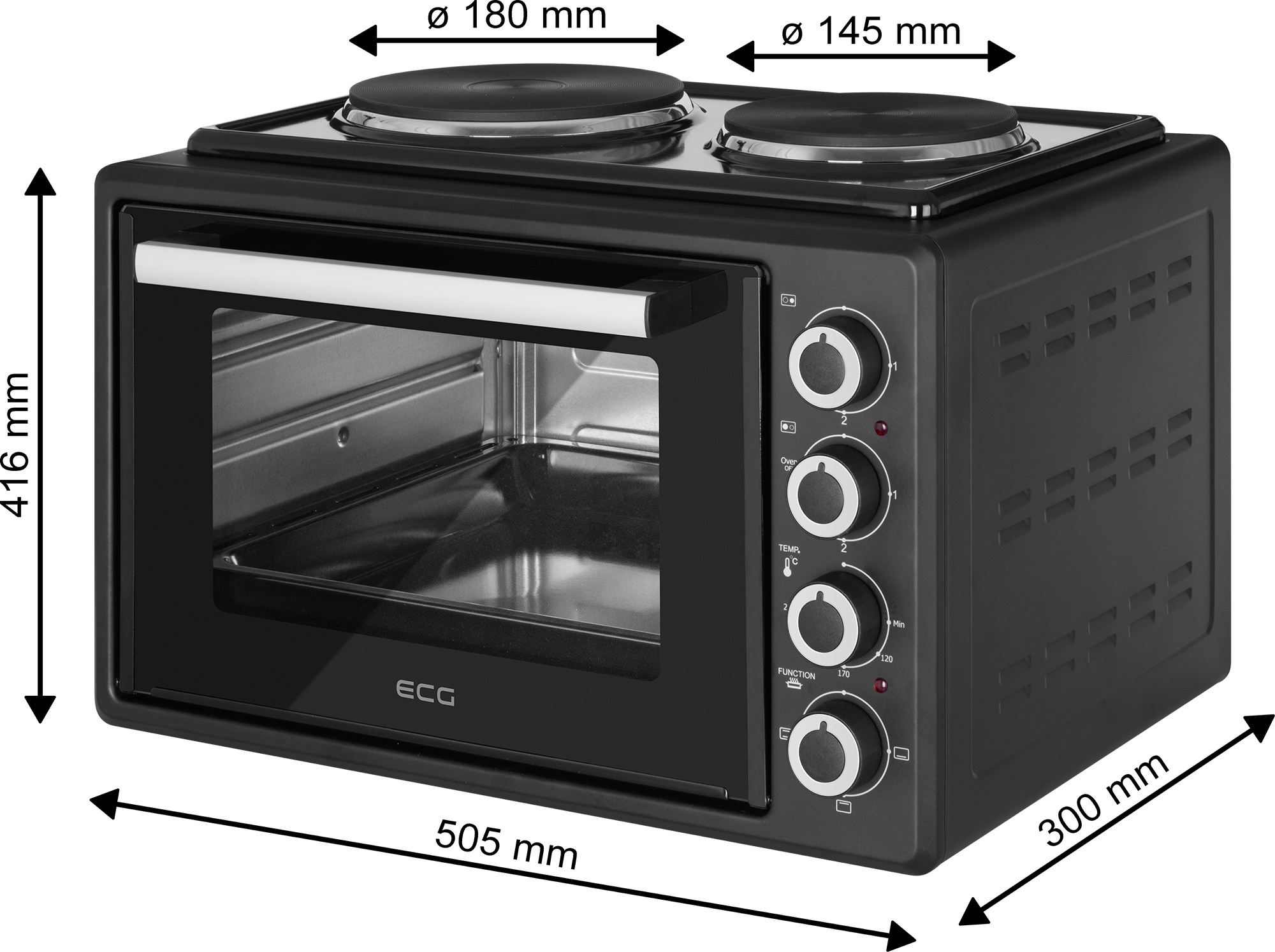 Schwarzer Mini-Backofen mit zwei Kochfeldern oben. Abmessungen werden mit Pfeilen angezeigt.