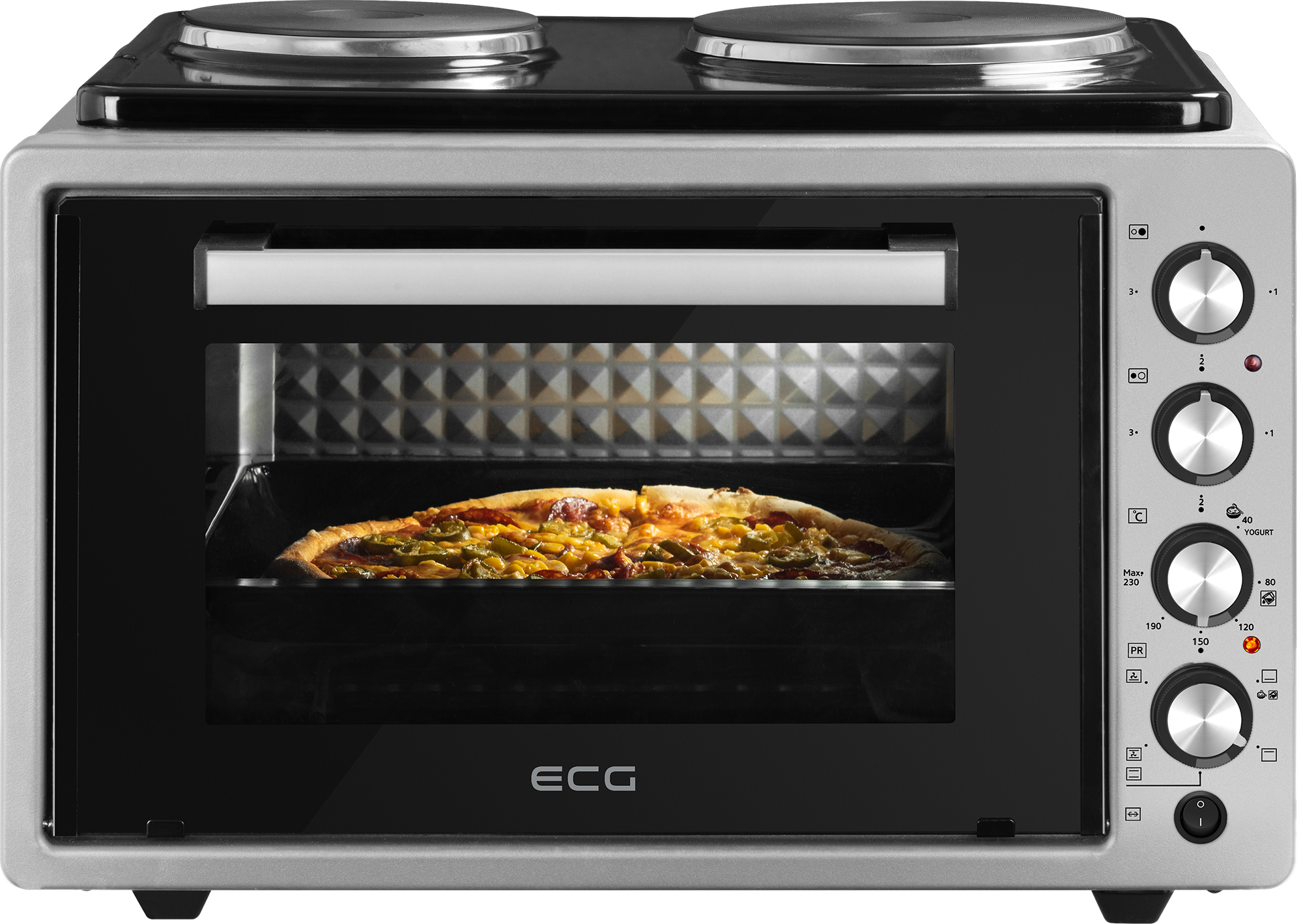 Silberner und schwarzer Mini-Backofen mit einer Pizza darin. Er hat zwei Brenner auf der Oberseite.