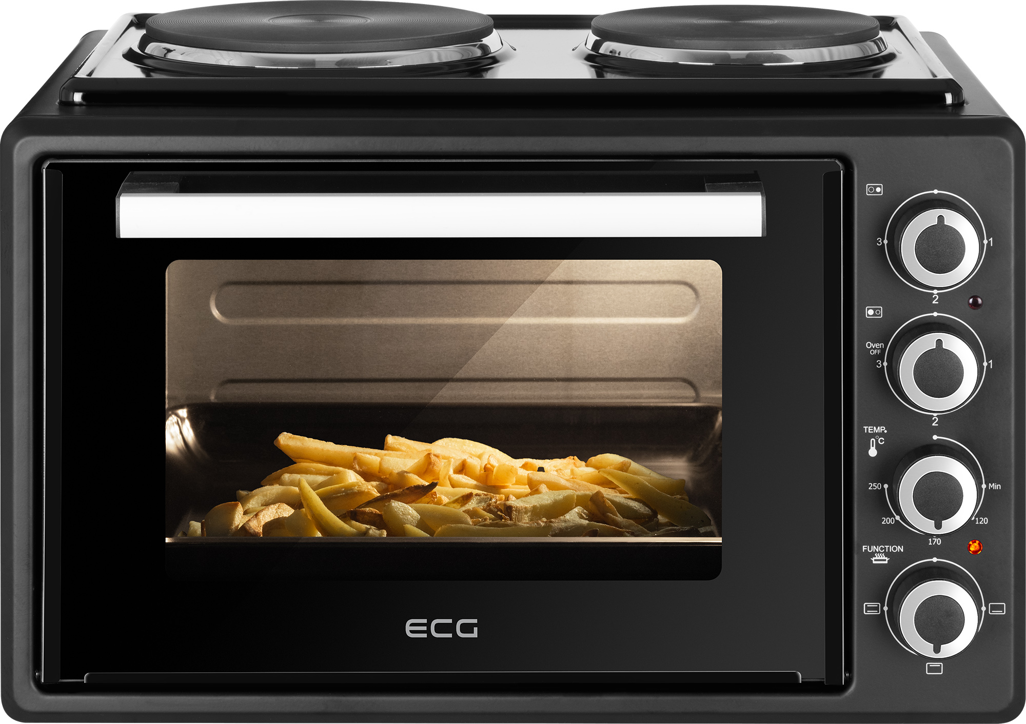 Schwarzer Elektrobackofen mit Pommes Frites, mit Ofen- und Temperaturreglern.