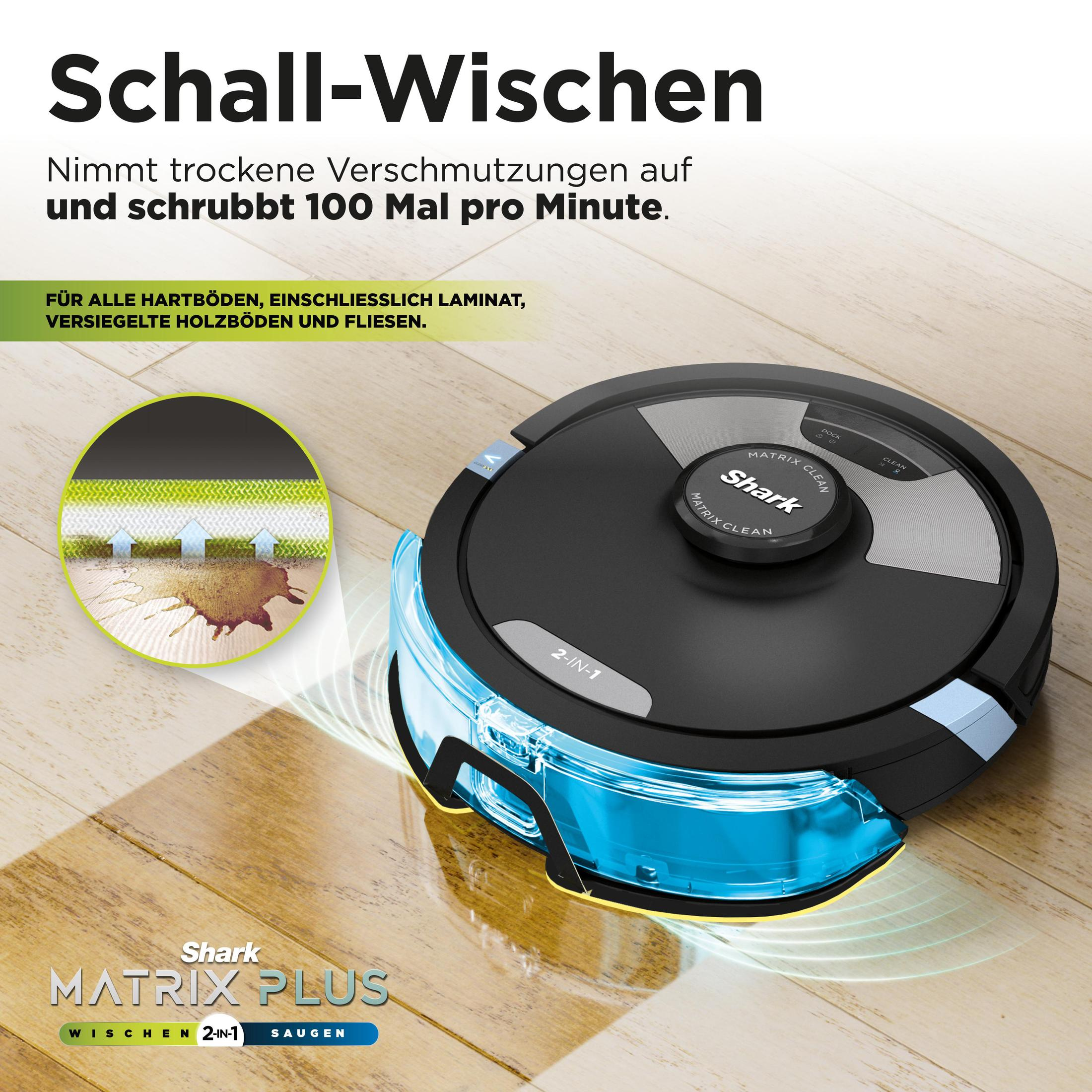 Black and blue robot vacuum cleaner on wooden floor. Blue light at the front. Shark Matrix Plus.