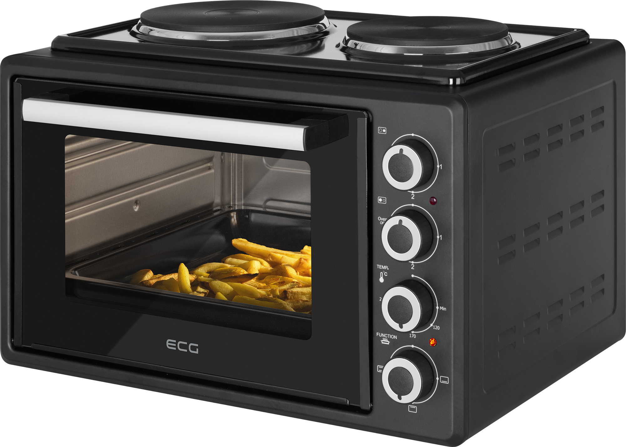 Schwarzer Mini-Backofen mit zwei Kochfeldern oben und Pommes Frites innen. Bedienelemente an der Seite.