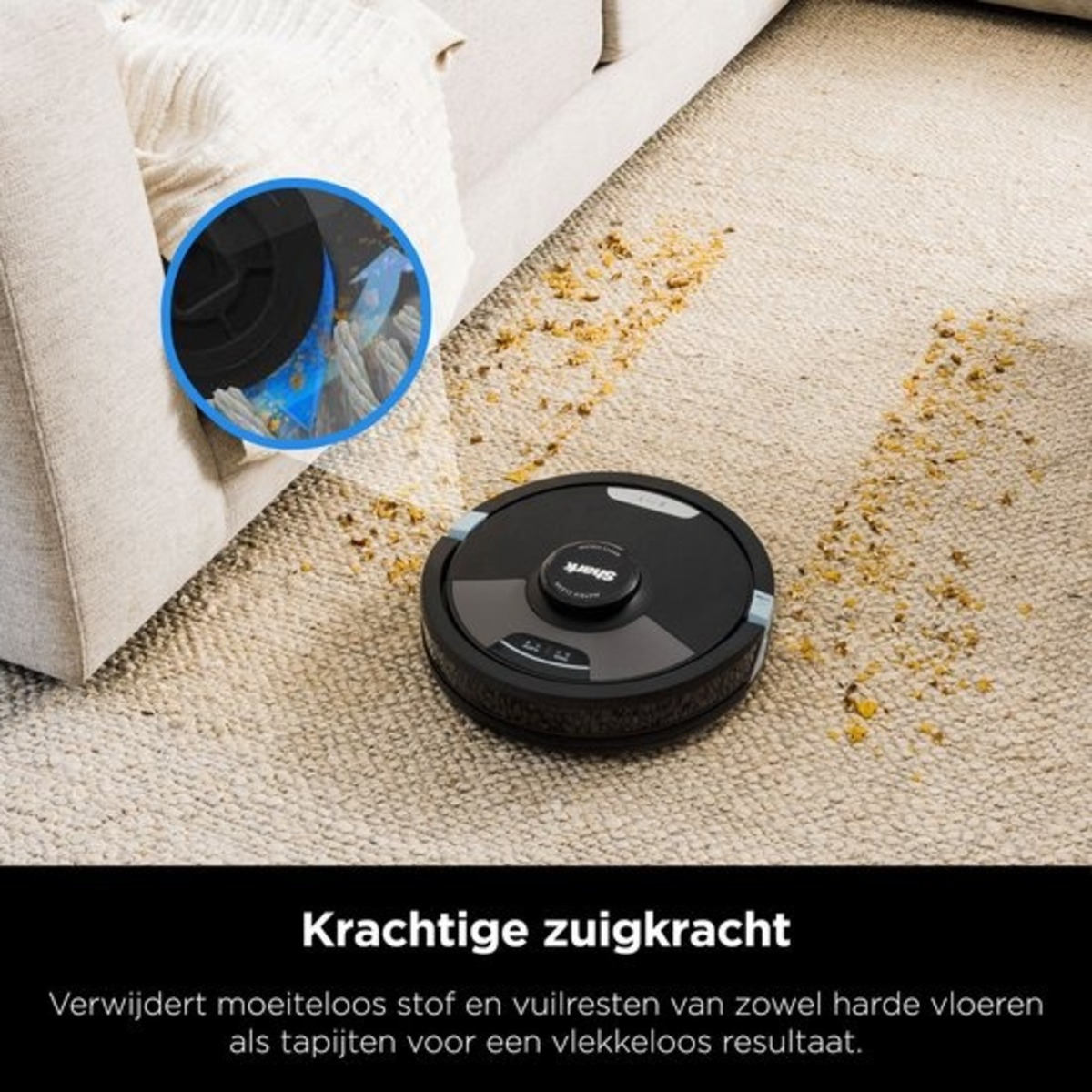 Robot vacuum cleaning carpet, showing dirt removal. The vacuum is black, the carpet beige.