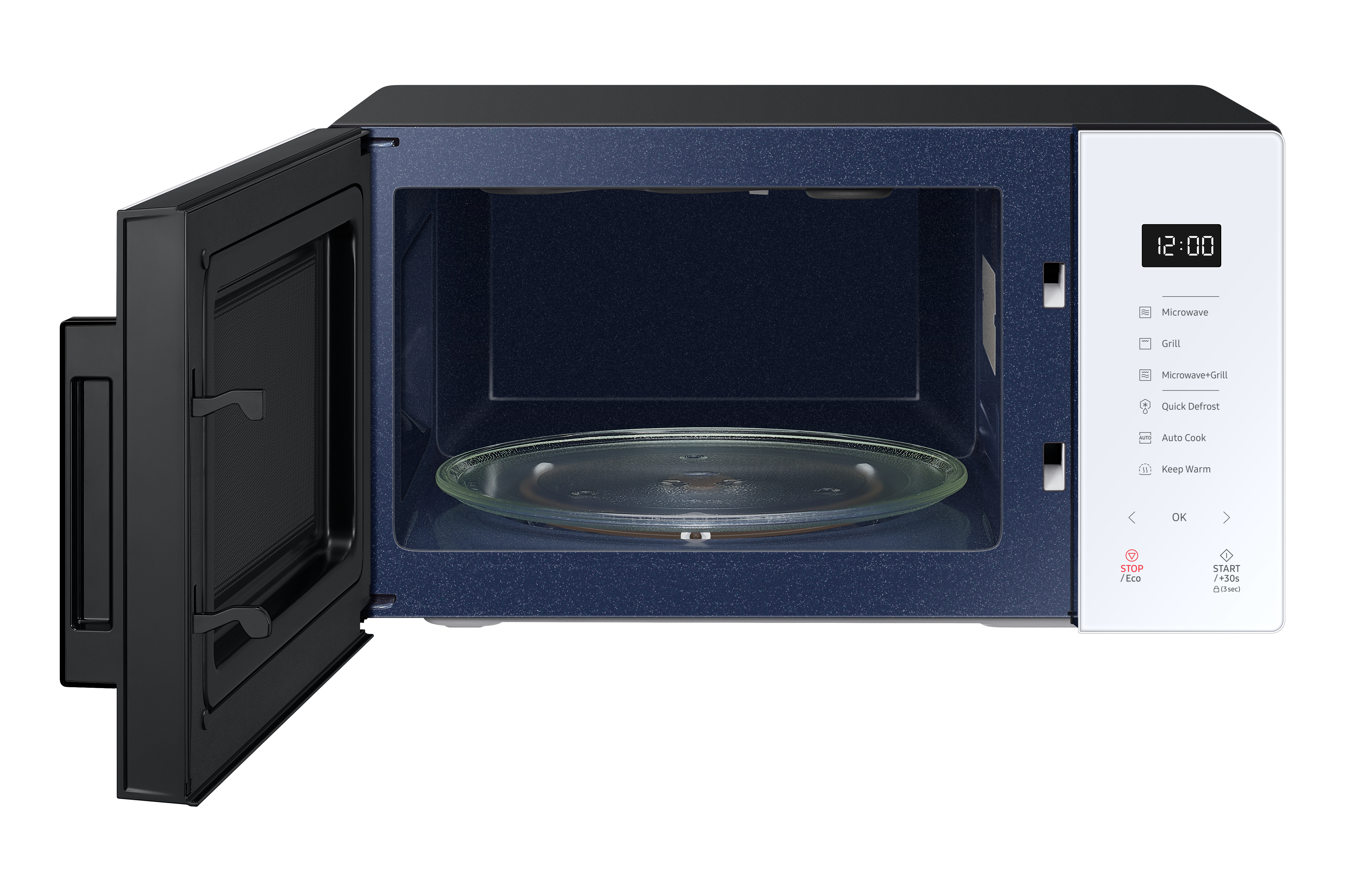 Czarno-biała kuchenka mikrofalowa z otwartymi drzwiami, ukazująca szklany talerz w środku.