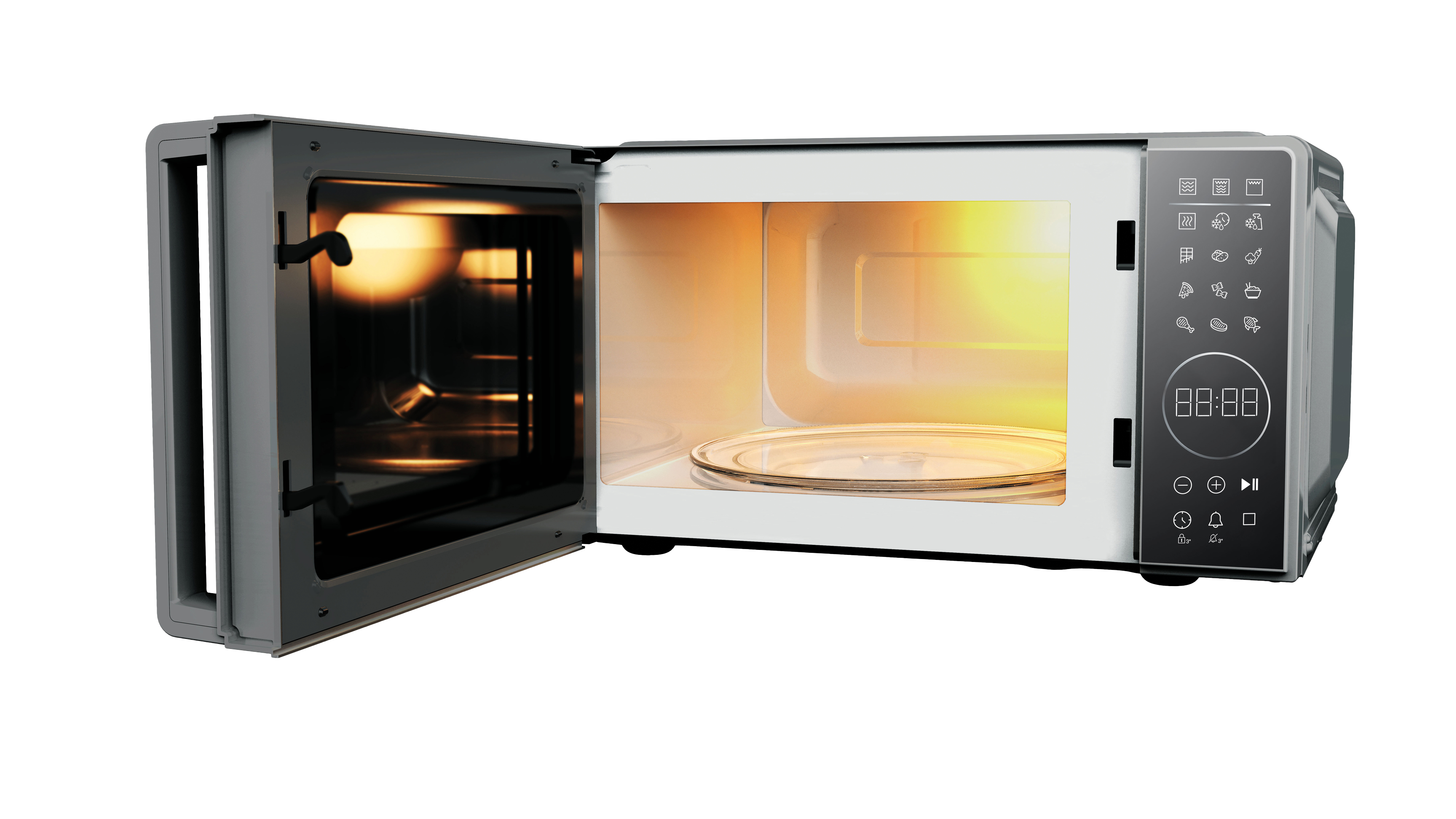 Srebrna kuchenka mikrofalowa z otwartymi drzwiami, pokazująca szklany talerz i światło wewnętrzne.