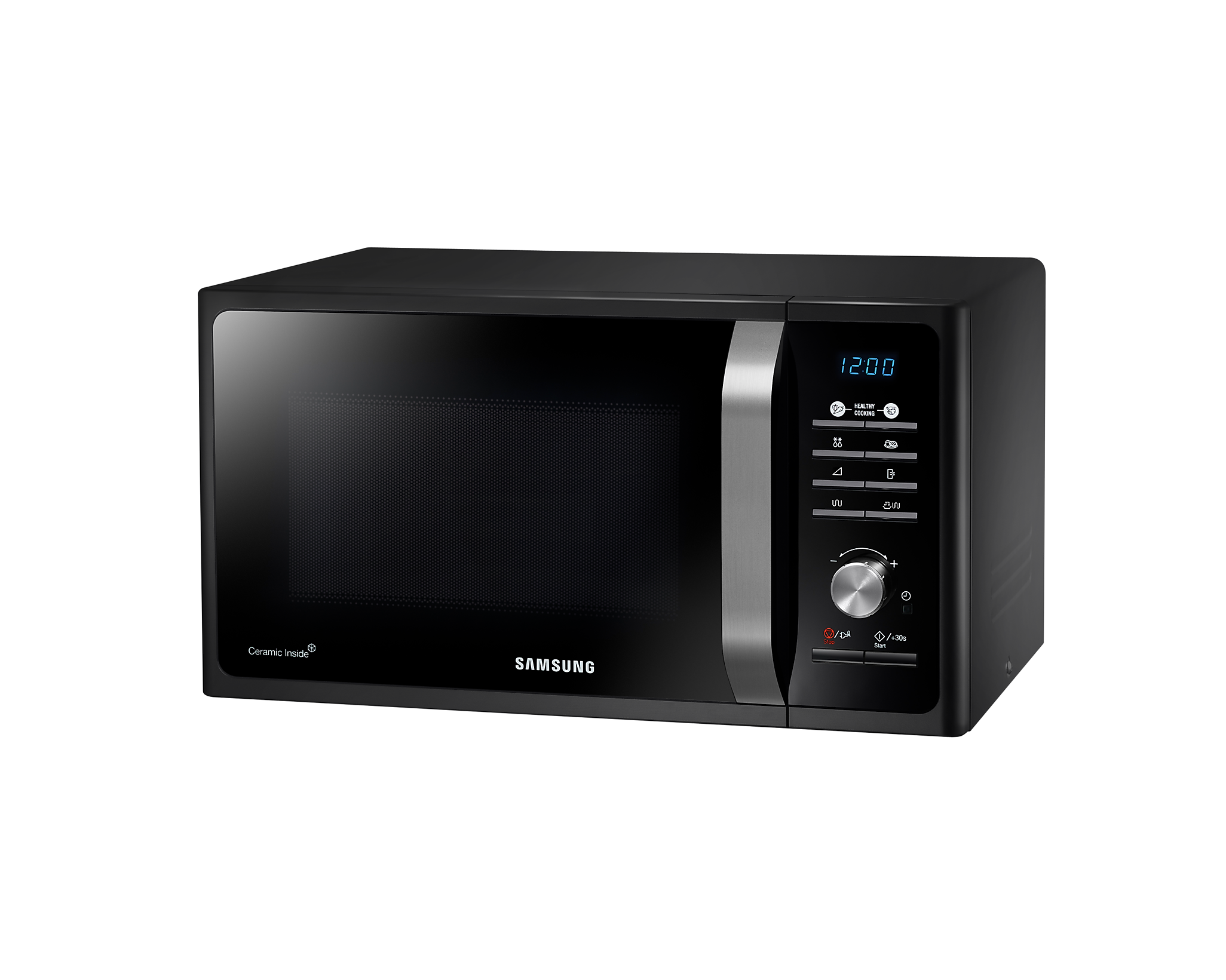 Forno a microonde nero. Marchio Samsung. Sfondo nero.