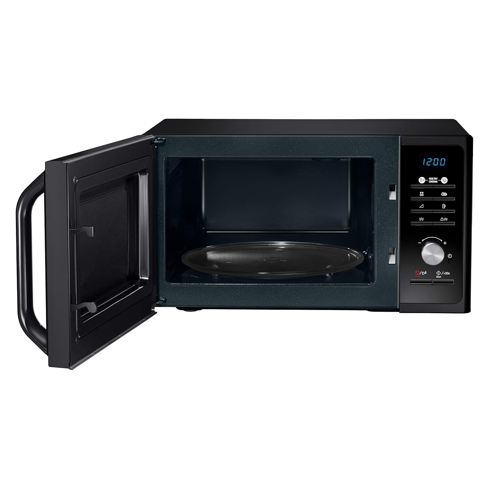 Forno a microonde nero con la porta aperta, che mostra un piatto di vetro all'interno.