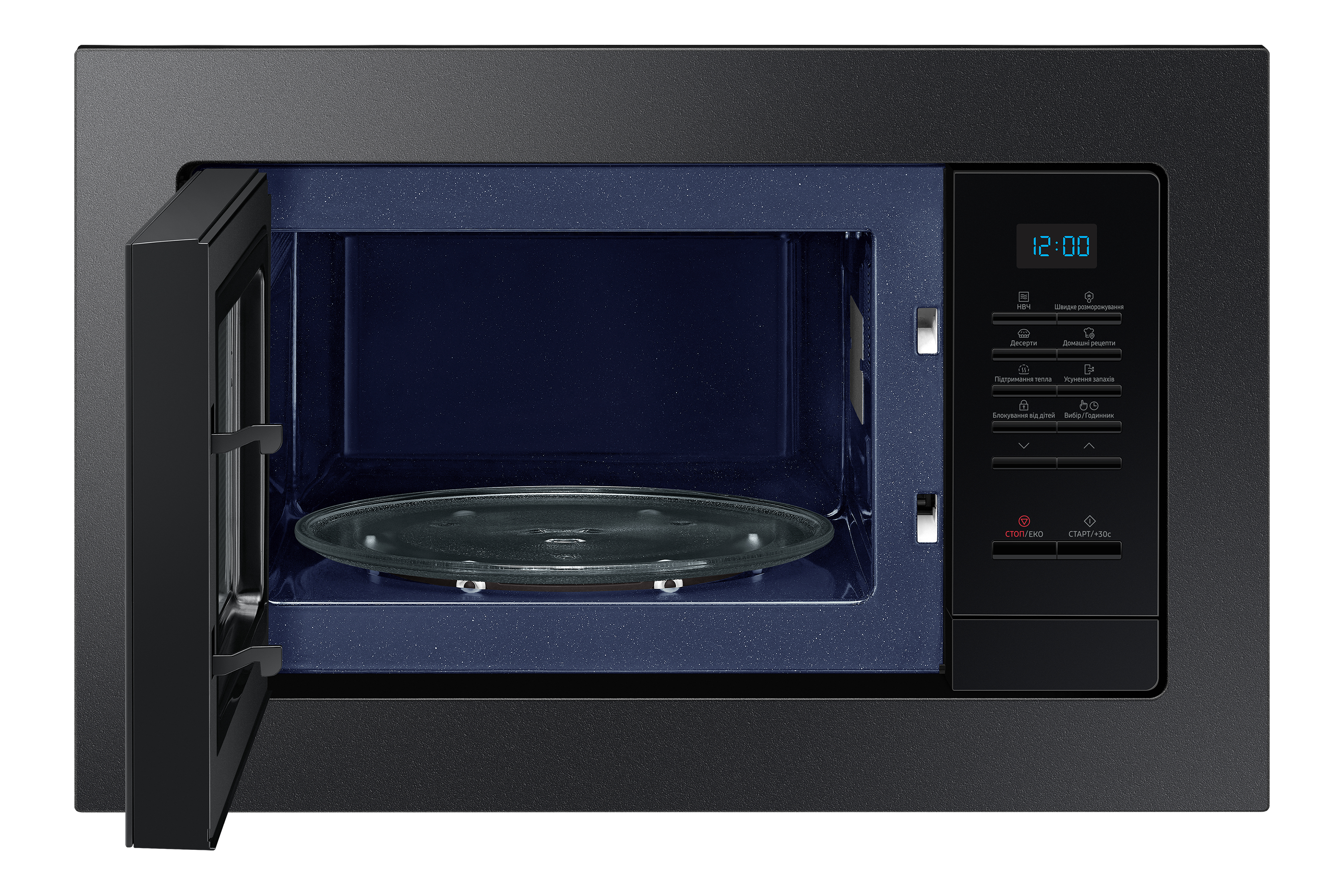 Czarna kuchenka mikrofalowa z otwartymi drzwiami, ujawniająca wnętrze i szklany talerz.