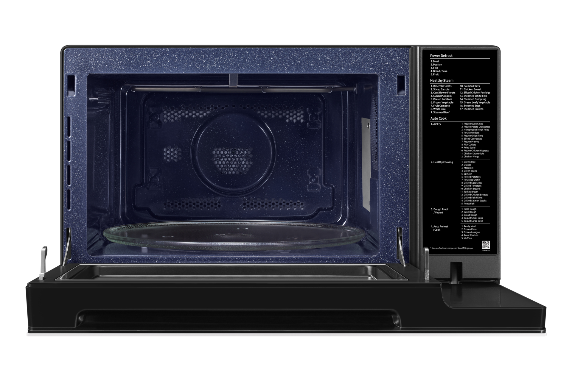 Otwarty wnętrze kuchenki mikrofalowej. Szklana płyta w podstawie, ciemnoniebieskie wnętrze.